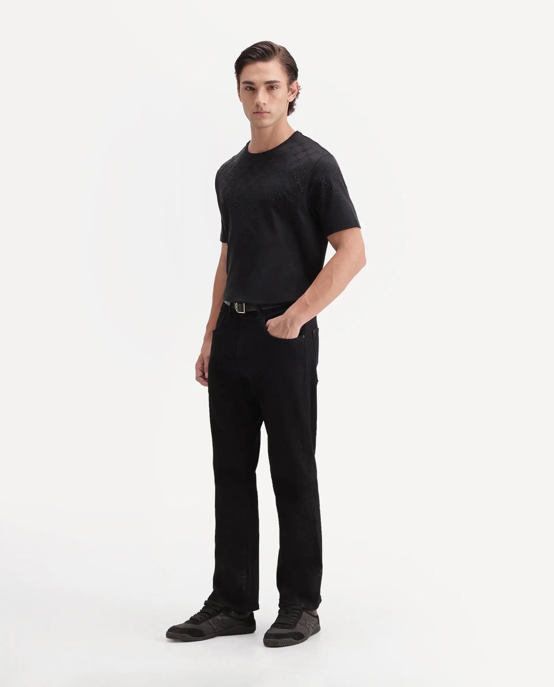 Rare Rabbit Men's Boot Black Cotton Blend Knox Bootcut Plain Jeans