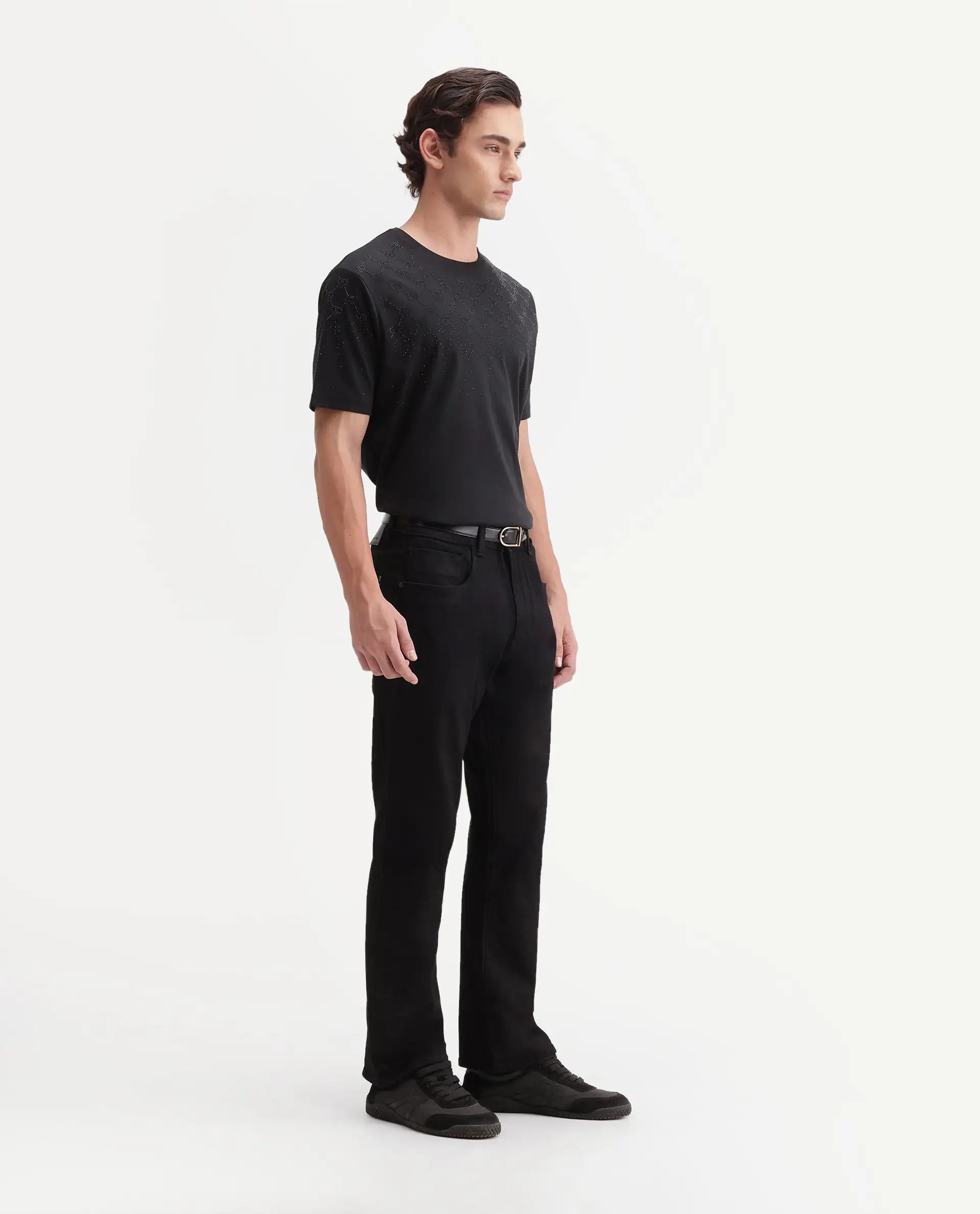 Rare Rabbit Men's Boot Black Cotton Blend Knox Bootcut Plain Jeans