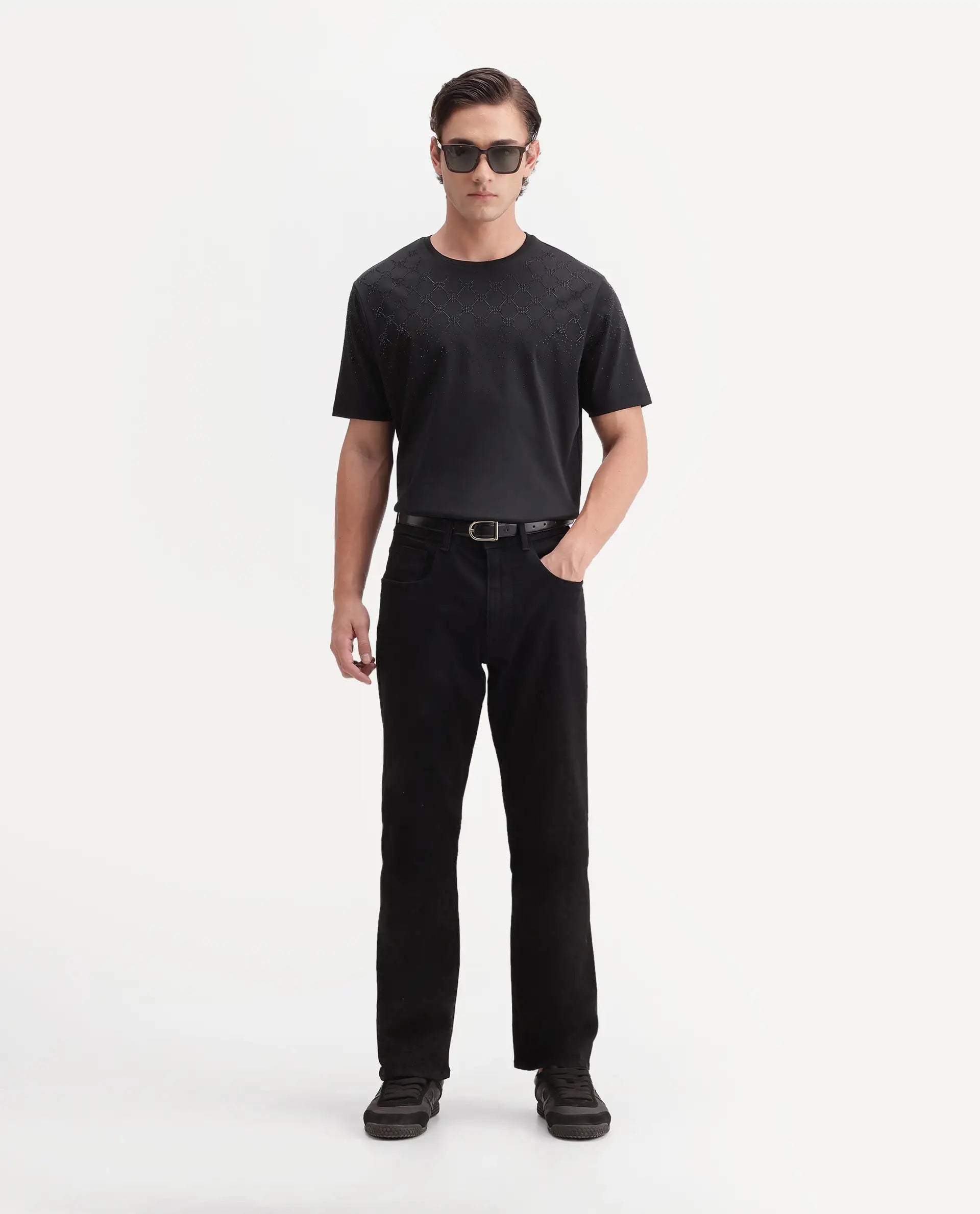 Rare Rabbit Men's Boot Black Cotton Blend Knox Bootcut Plain Jeans