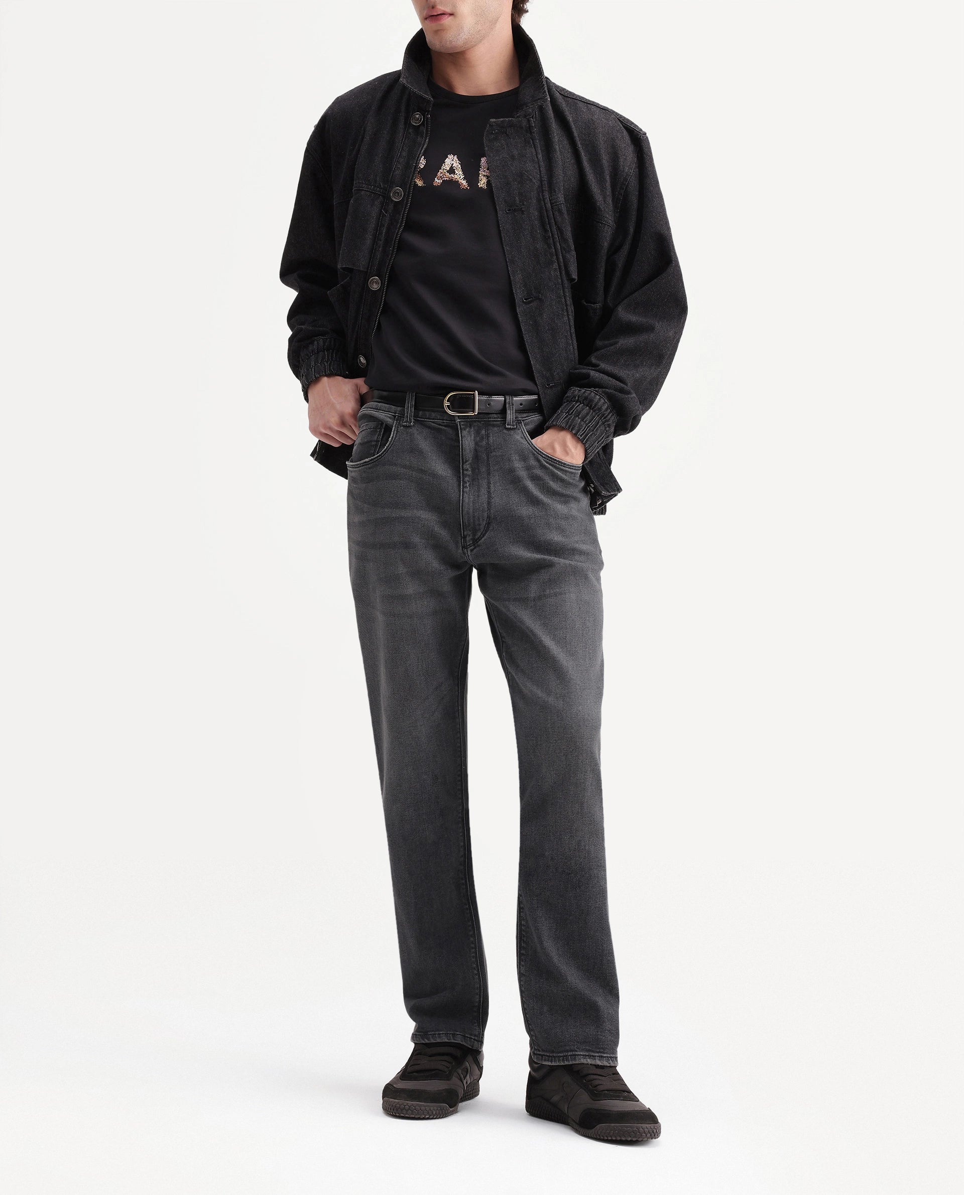 Rare Rabbit Men's Merg Dark Grey Cotton Blend Morris Regular Plain Jeans