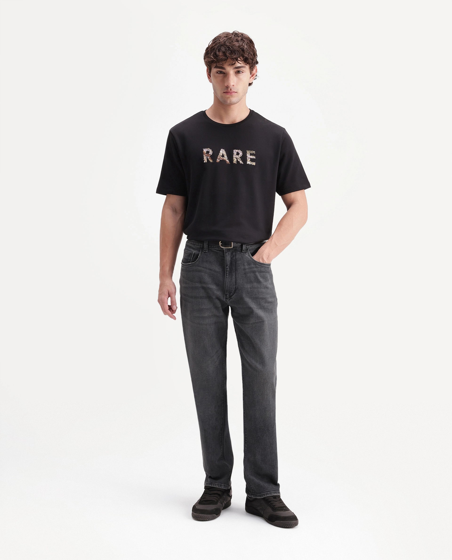 Rare Rabbit Men's Merg Dark Grey Cotton Blend Morris Regular Plain Jeans