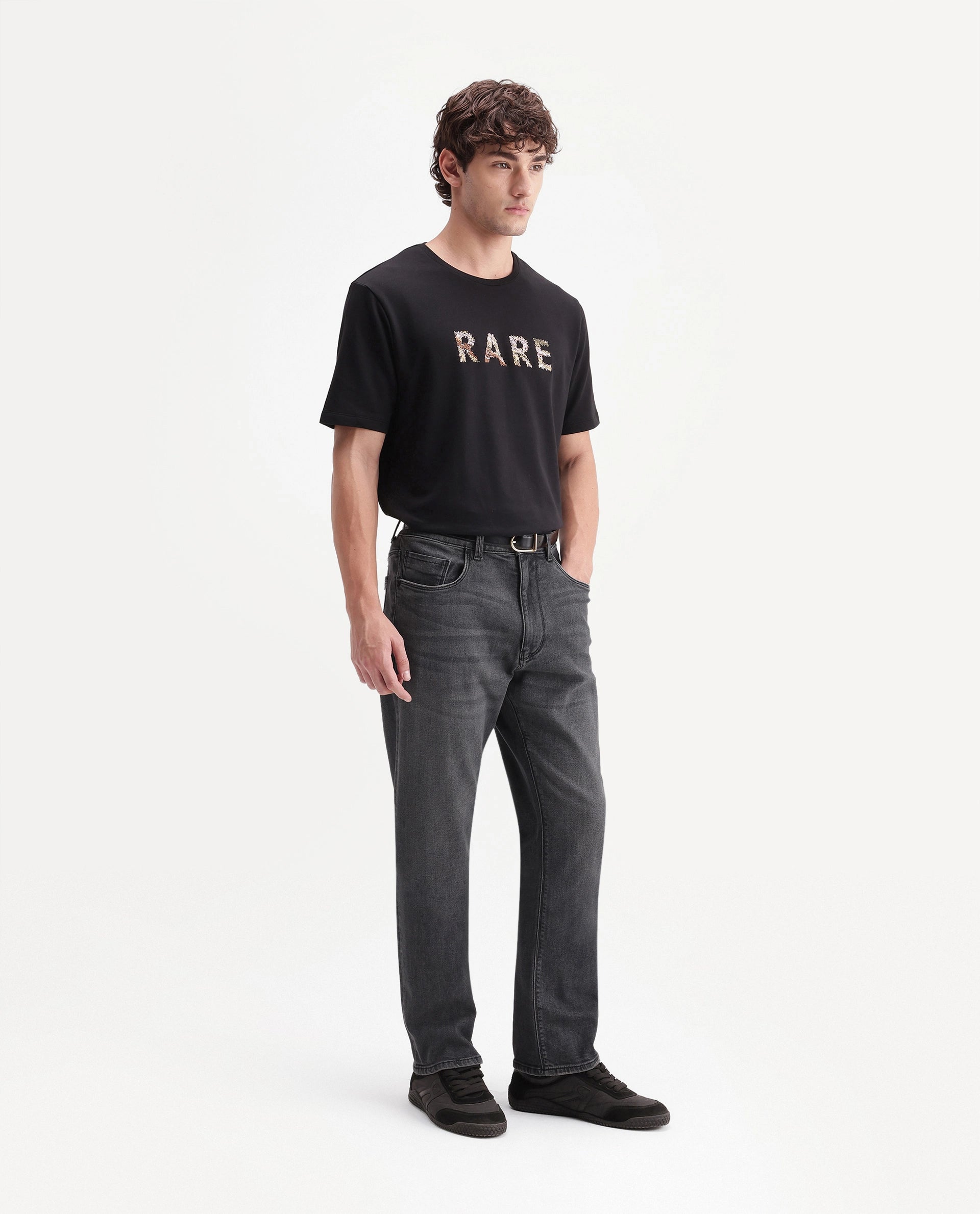 Rare Rabbit Men's Merg Dark Grey Cotton Blend Morris Regular Plain Jeans