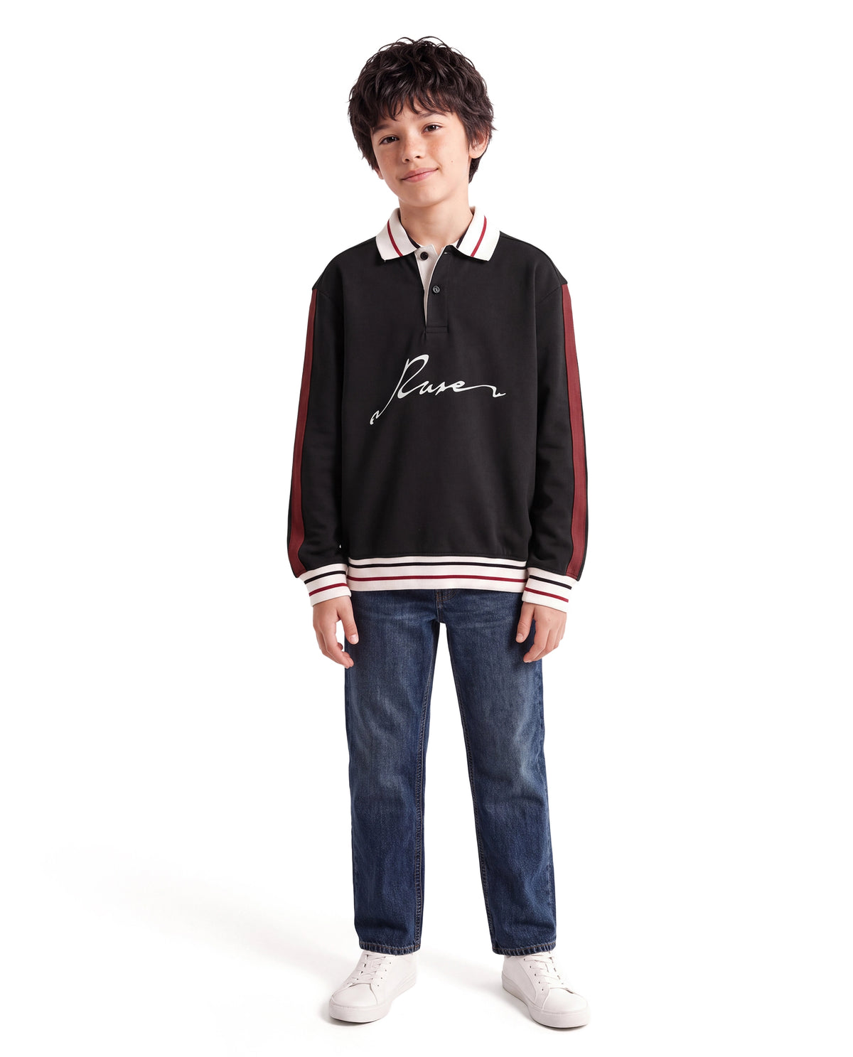 Rare Ones Kids Kitos Black Cotton Blend Fabric Spread Collar Button Closure Regular Fit Graphic Print Polo