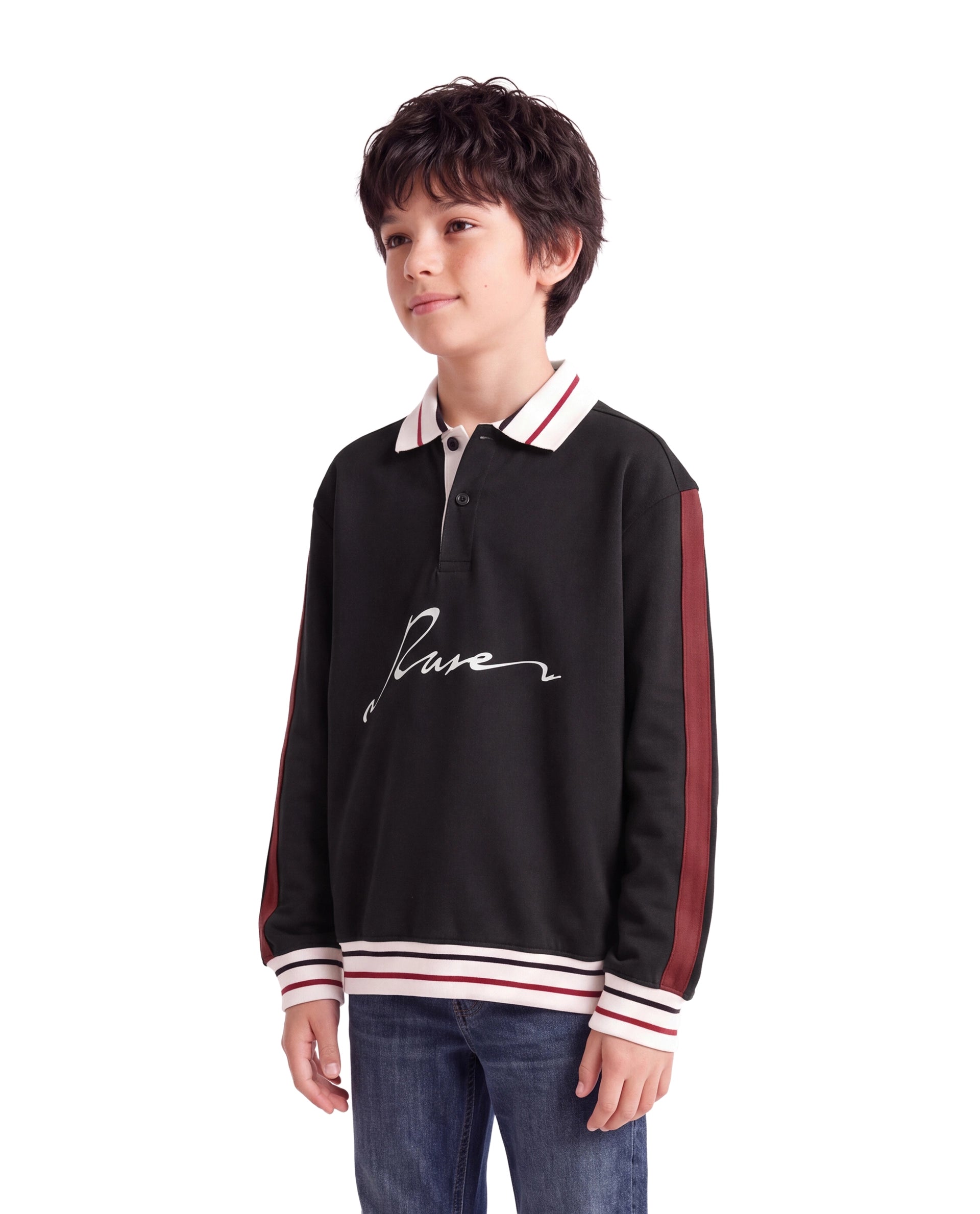 Rare Ones Kids Kitos Black Cotton Blend Fabric Spread Collar Button Closure Regular Fit Graphic Print Polo