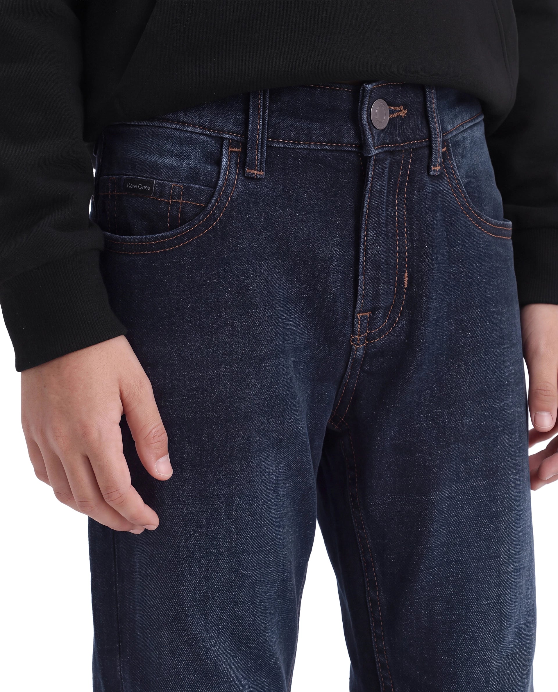 Rare Ones Kids Martin Dark Blue Cotton Blend Fabric Button And Zip Closure Regular Fit Plain Jeans