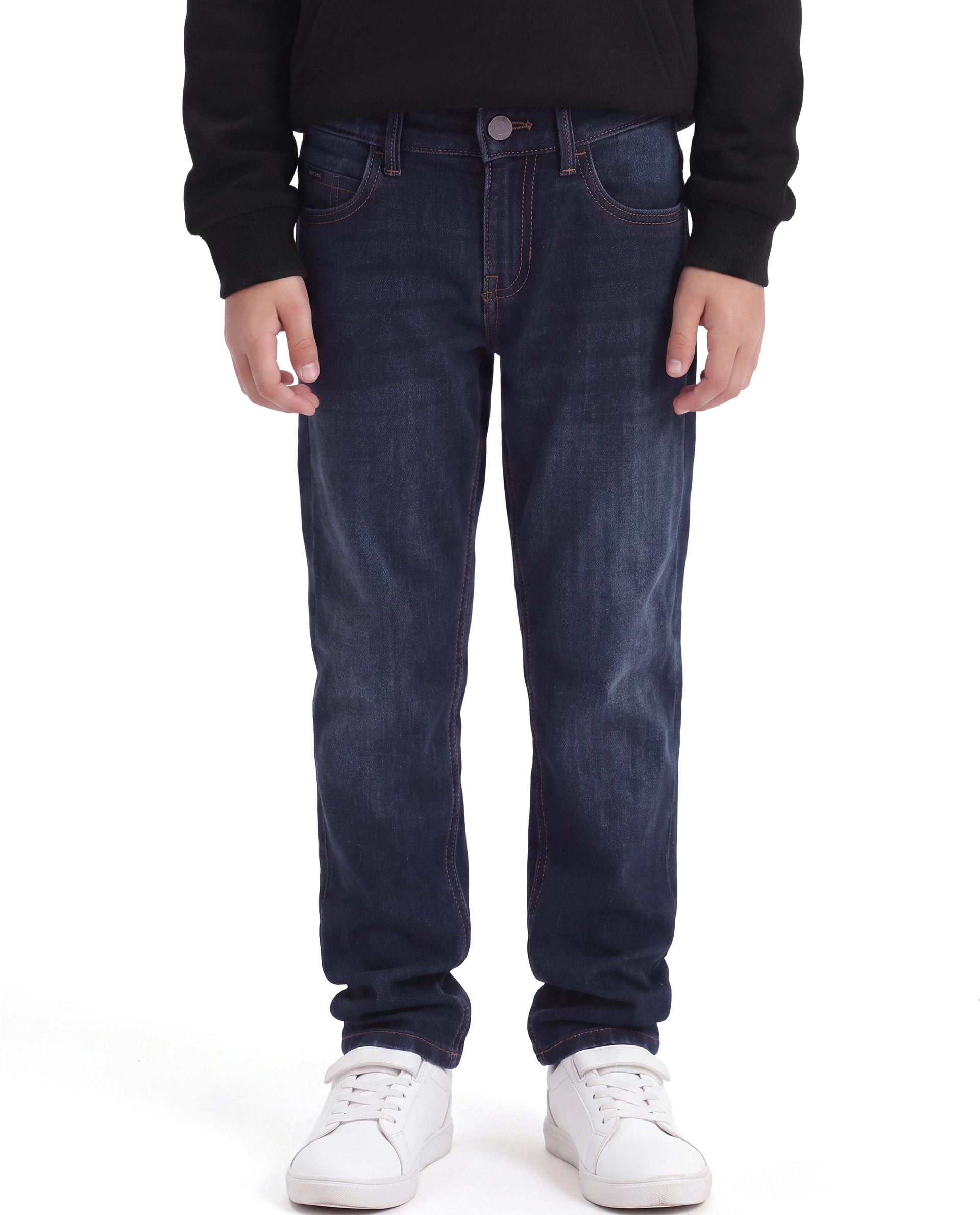 Rare Ones Kids Martin Dark Blue Cotton Blend Fabric Button And Zip Closure Regular Fit Plain Jeans