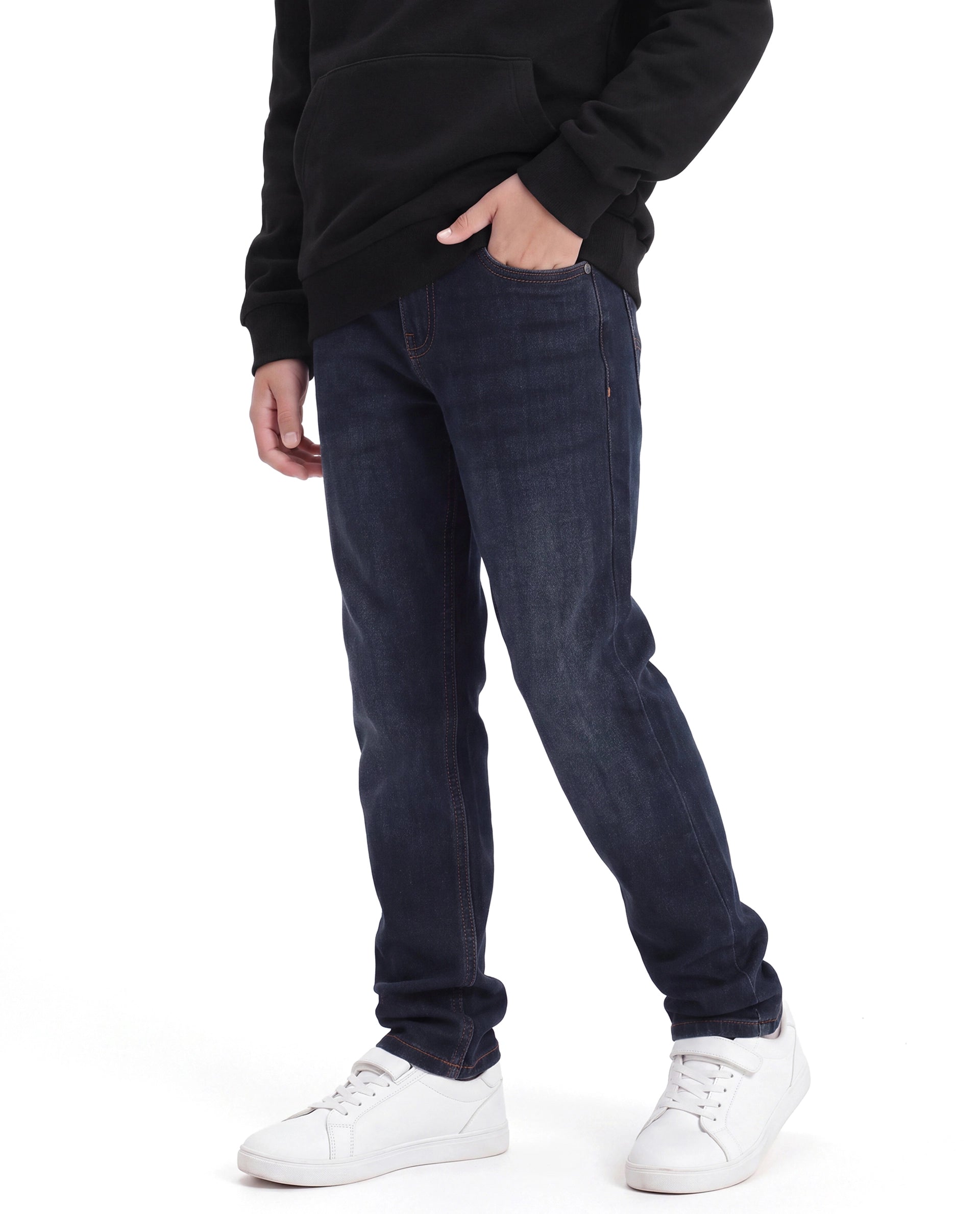 Rare Ones Kids Martin Dark Blue Cotton Blend Fabric Button And Zip Closure Regular Fit Plain Jeans