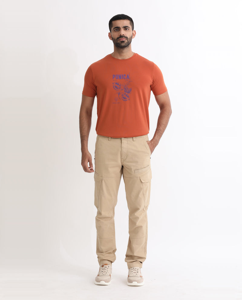 Rare Rabbit Men's Cidar Beige Mid-Rise Regular Fit Cargo Style Stretch Trouser