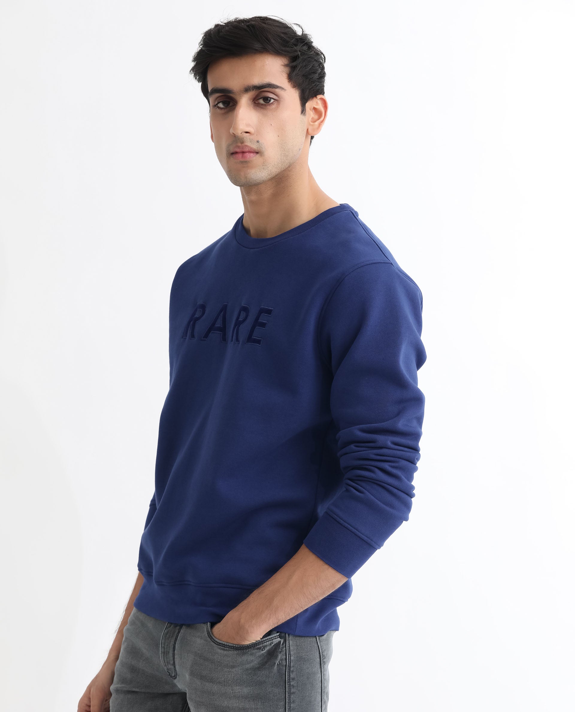 Rare Rabbit Men's Robbs Purple Cotton Polyester Full Sleeves Graphic Printed Logo Knitted Sweatshirt