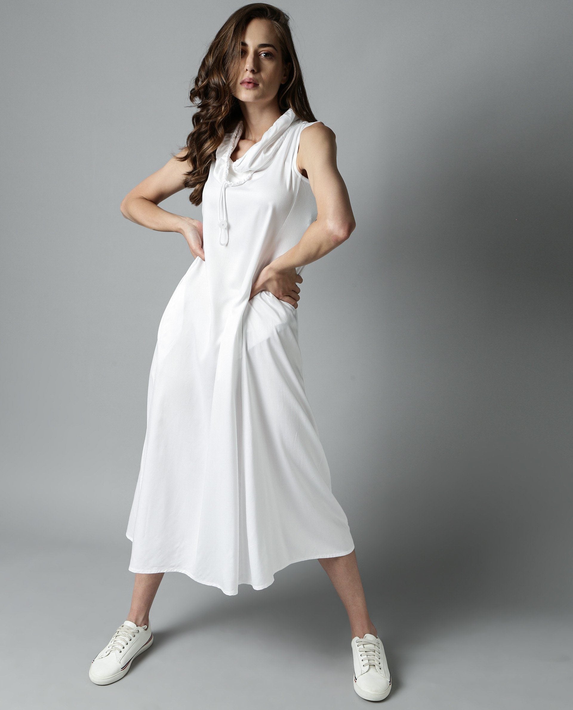 Rareism Womens Cruise White Dress Cotton Fabric Regular Fit Sleeveless Round Neck