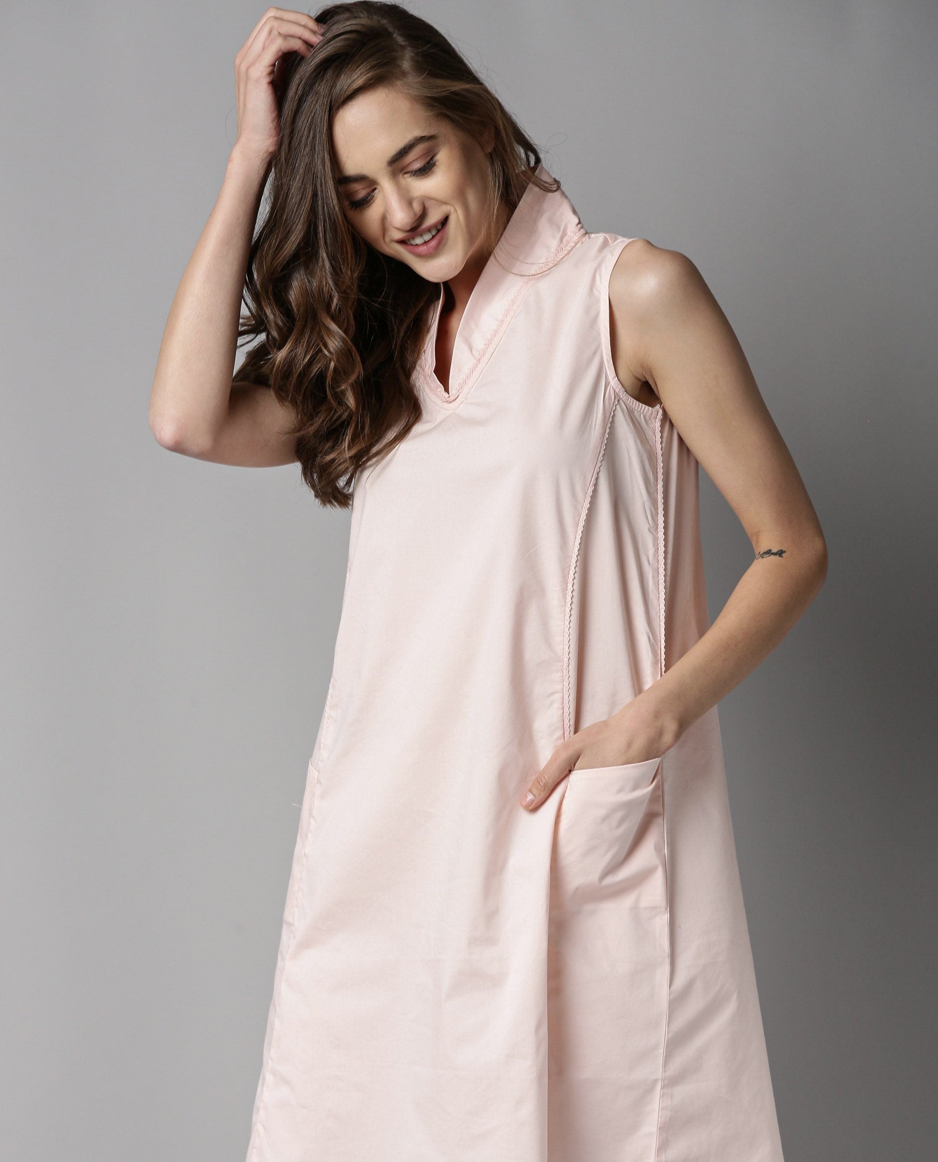 Rareism Womens Dripper Pink Dress Sleeveless Cotton Fabric Shawl Collar Knee Length