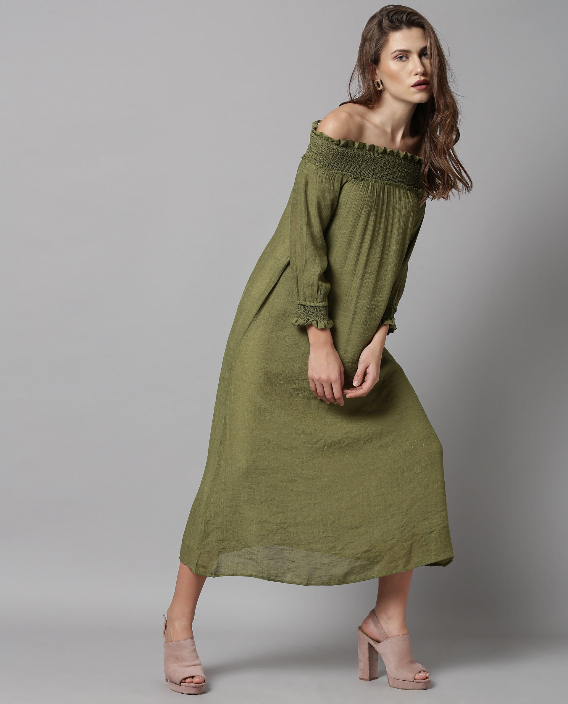 Rareism Women Amber Green Dress Short Sleeves