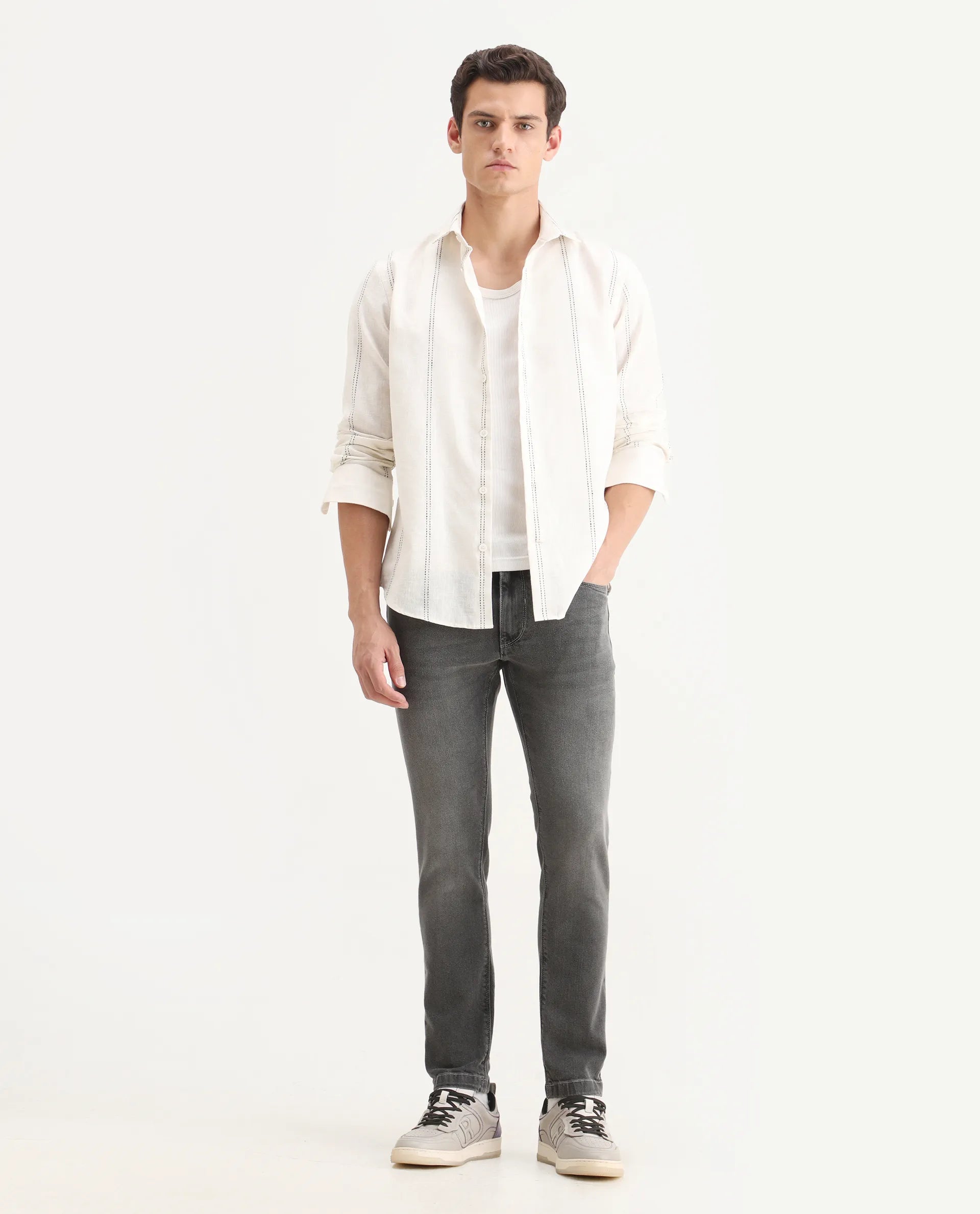 Rare Rabbit Men's Divi Light Grey Cotton Plain Hawk Slim Fit Jeans