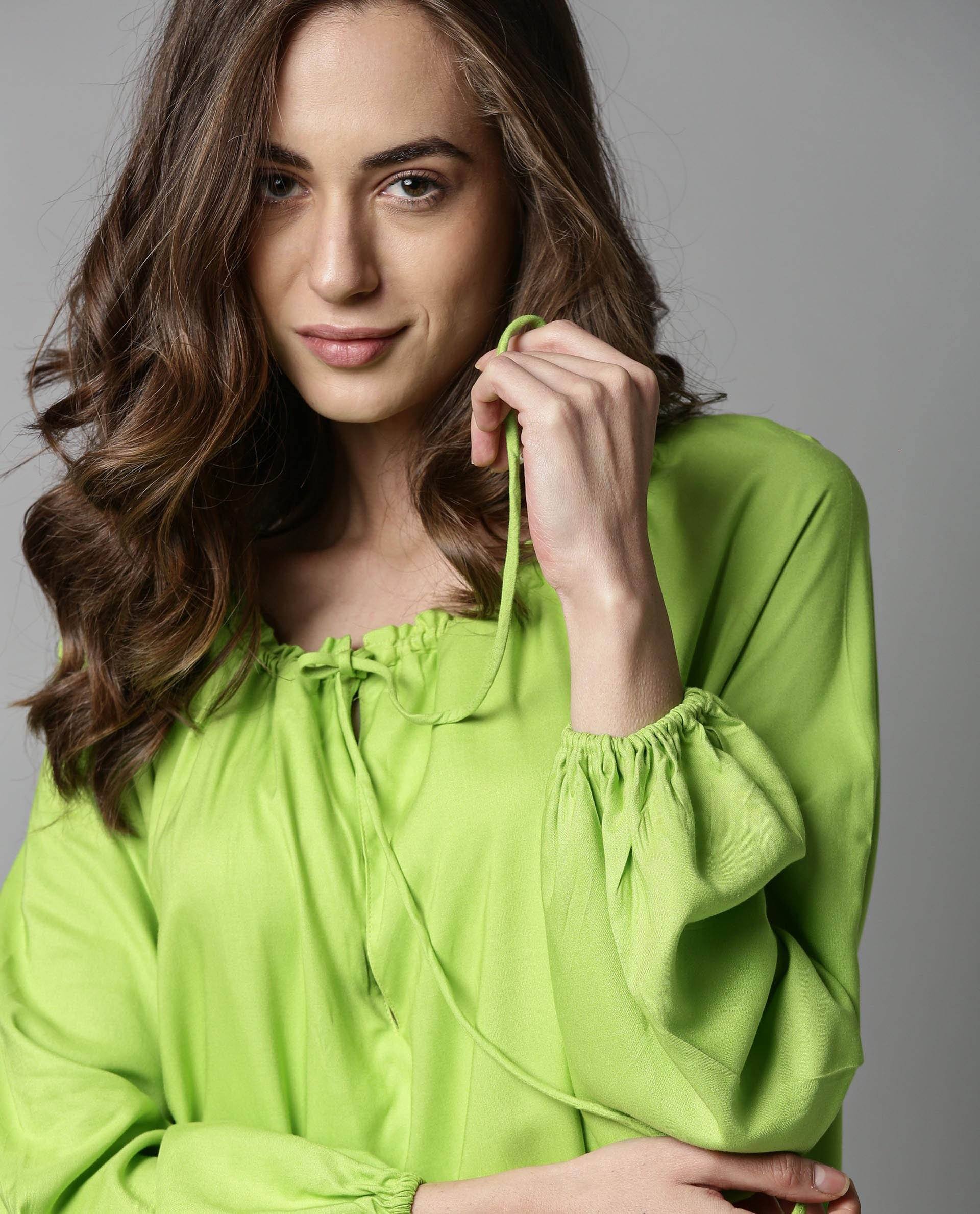 Rareism Women Mason Green Dress Full Sleeves Solid