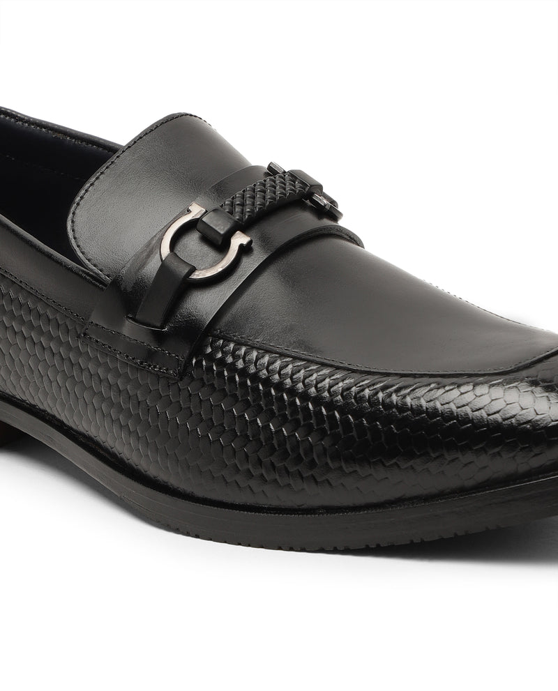 Rare Rabbit Men's Halton Black Premium Textured Metal Saddle Leather Loafers Shoes