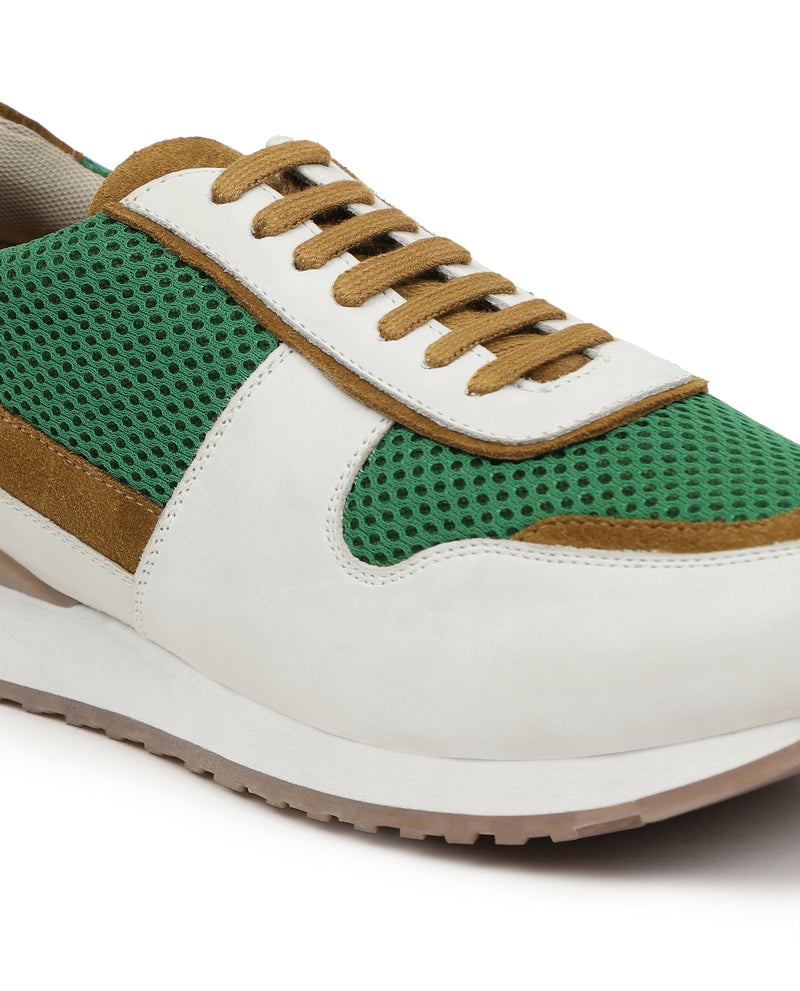 Rare Rabbit Men's Popy Green Colorblocked Suede Mesh Low-Top Sneakers Shoes