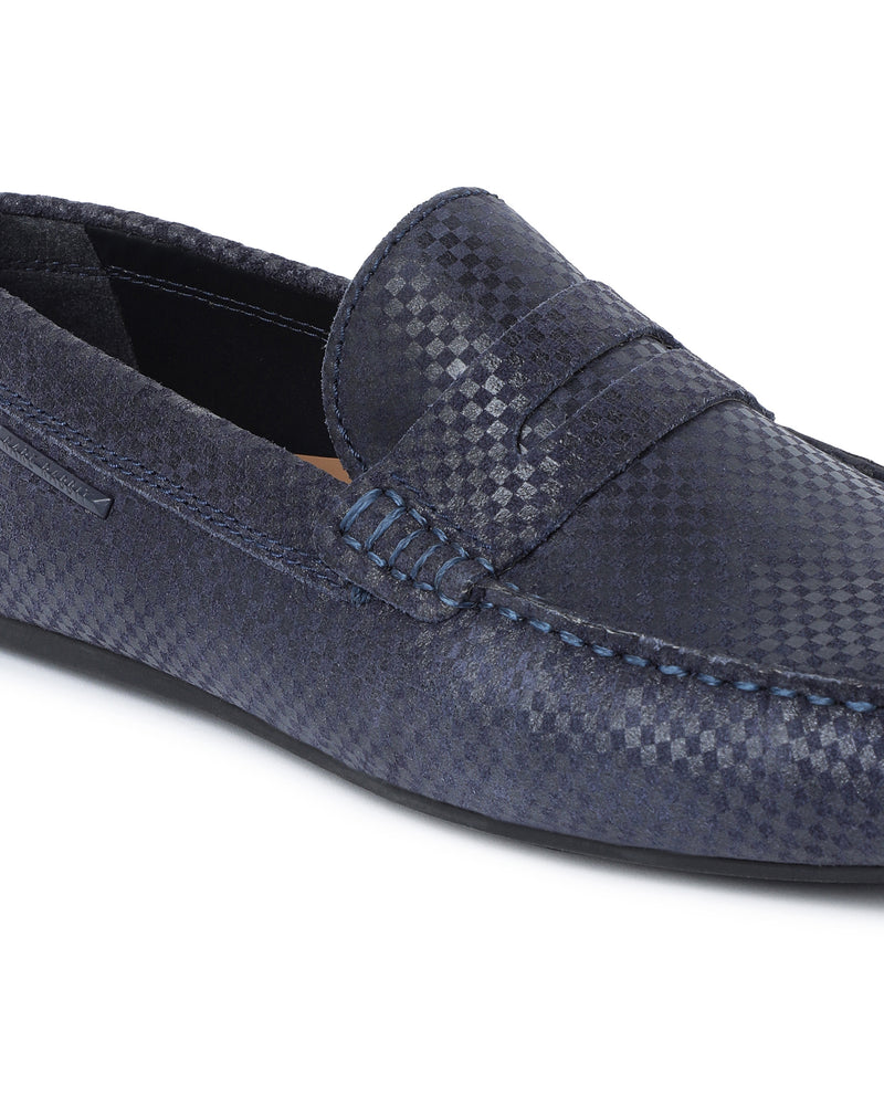Rare Rabbit Men's Carson Navy Slip-On Style Textured Suede Leather Loafer Shoes