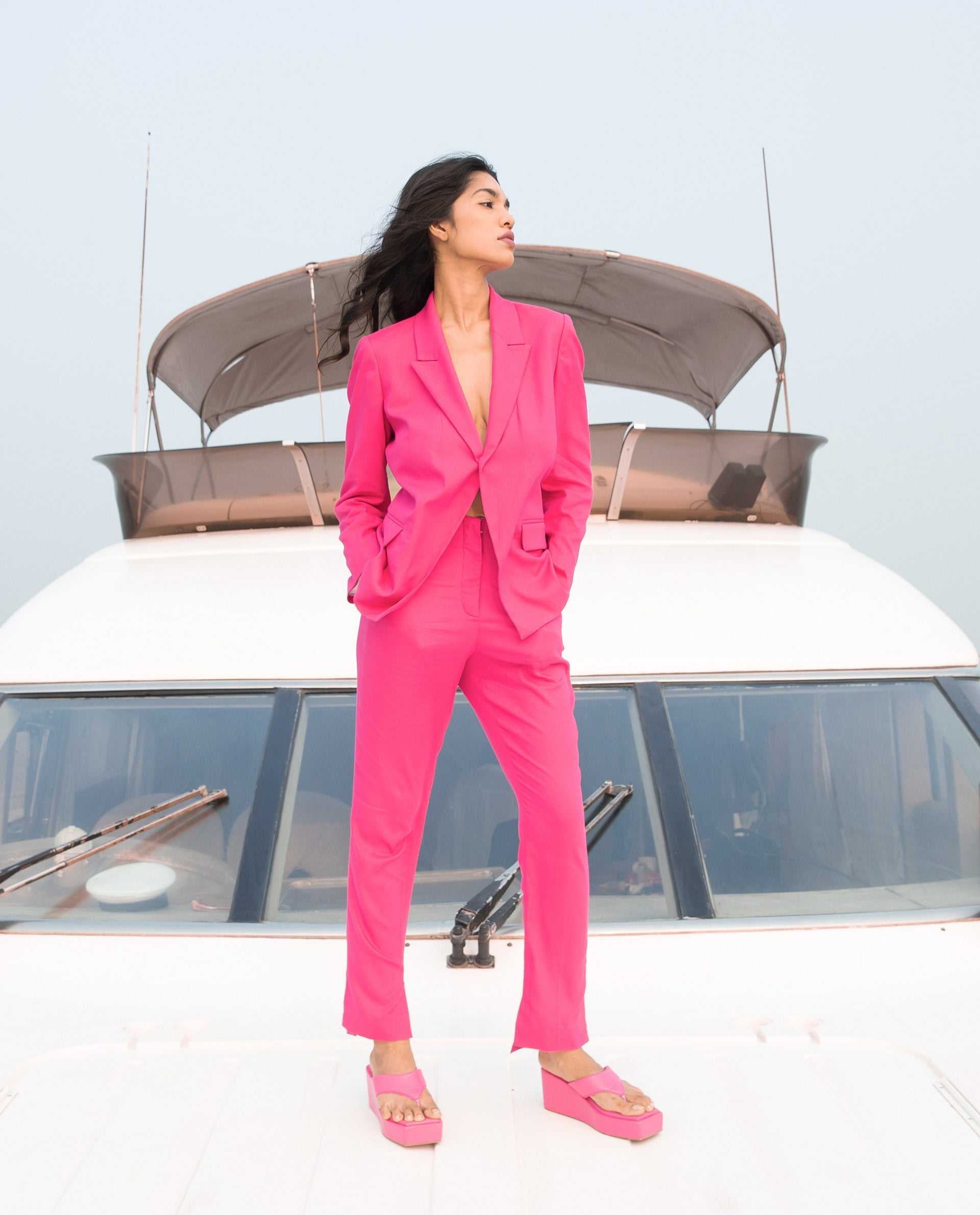 Rareism Women Rachel Flouroscent Pink Poly Viscose Fabric Tailored Fit High Rise Solid Ankle Length Trousers