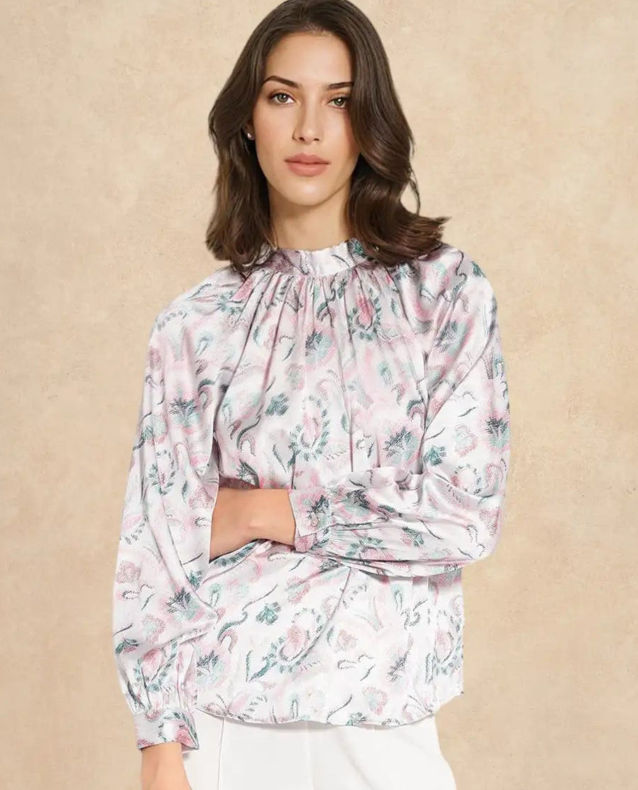 Rareism Women Aaylinn Multi Cuffed Sleeve High Neck Button Relaxed Fit Floral Print Top