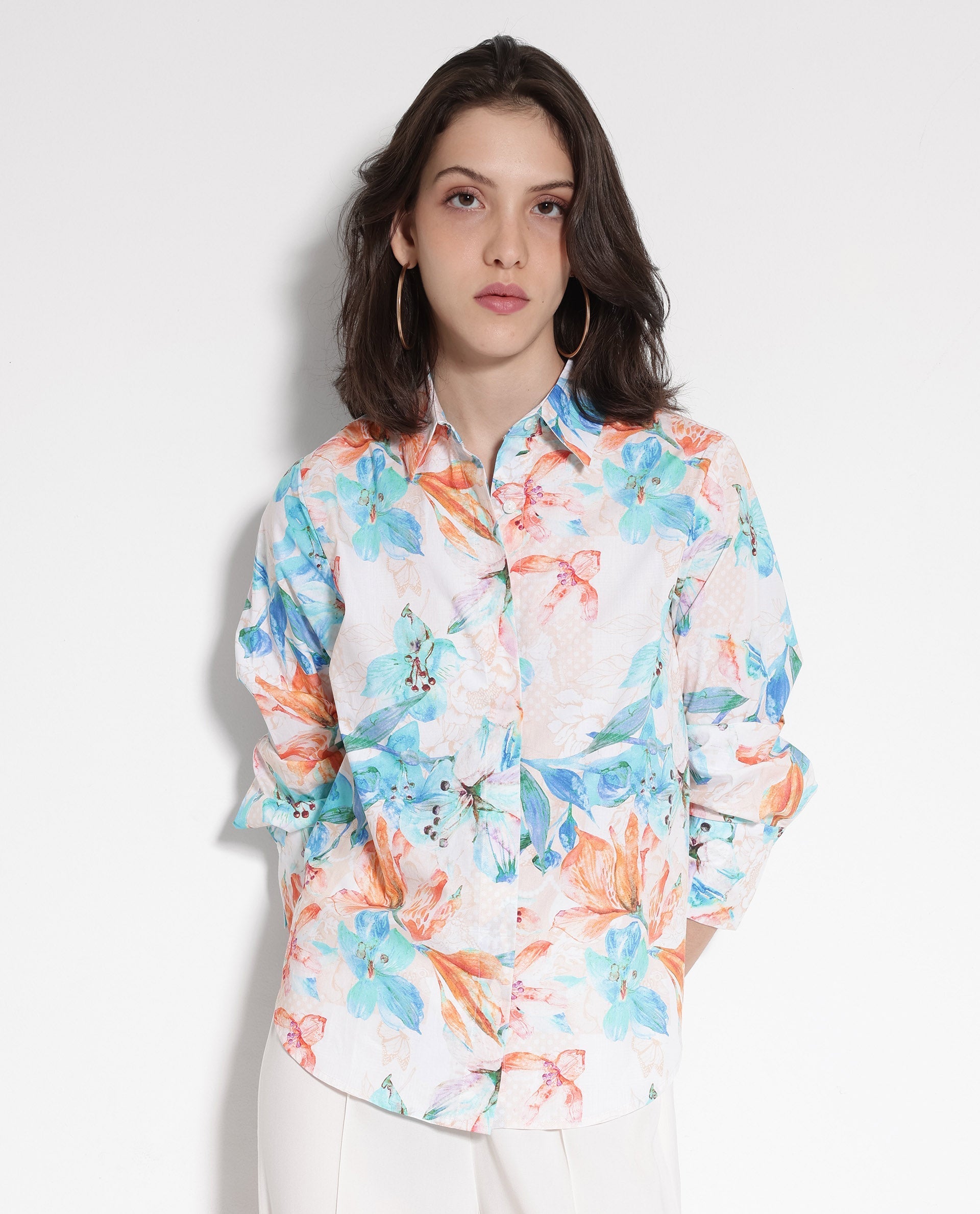 Rareism Women Abbi-SC Off White Cuffed Sleeve Collared Collar Button Relaxed Fit Floral Print Top