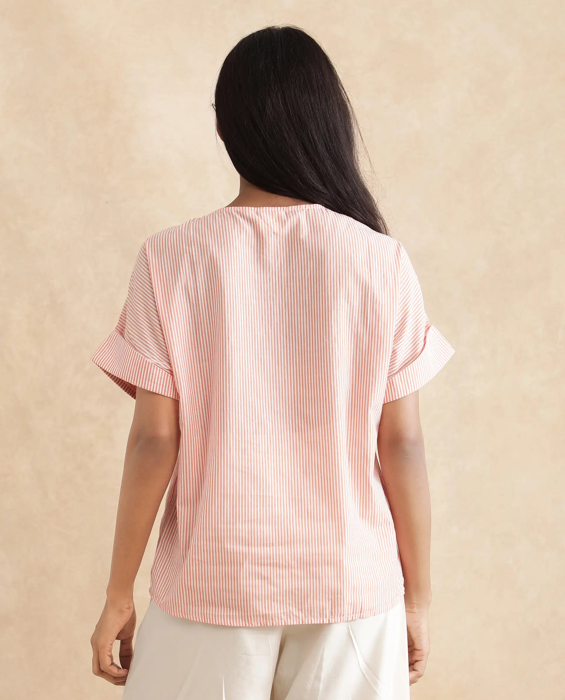 Rareism Women's Abdoo Orange V-Neck Striped Extended Sleeves Relaxed Fit Top