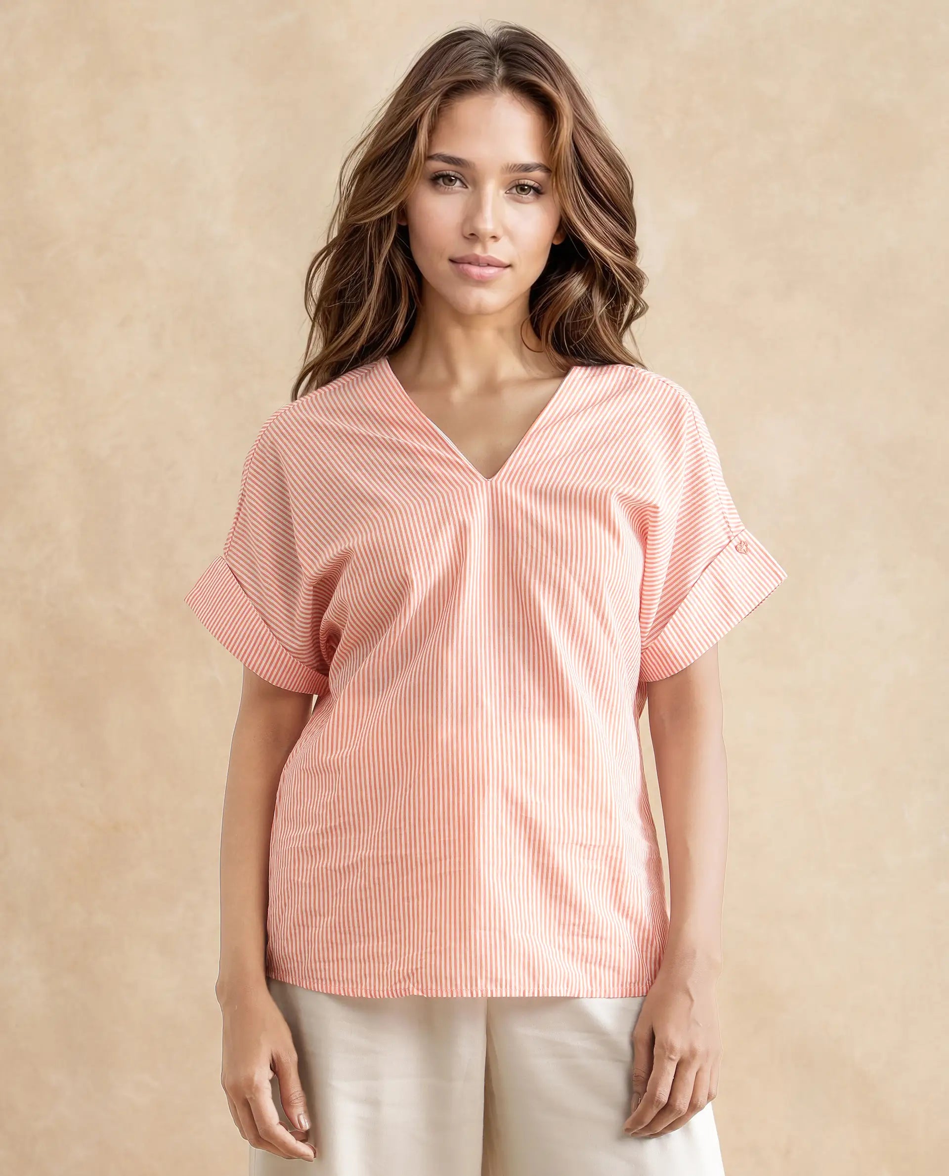 Rareism Women's Abdoo Orange V-Neck Striped Extended Sleeves Relaxed Fit Top