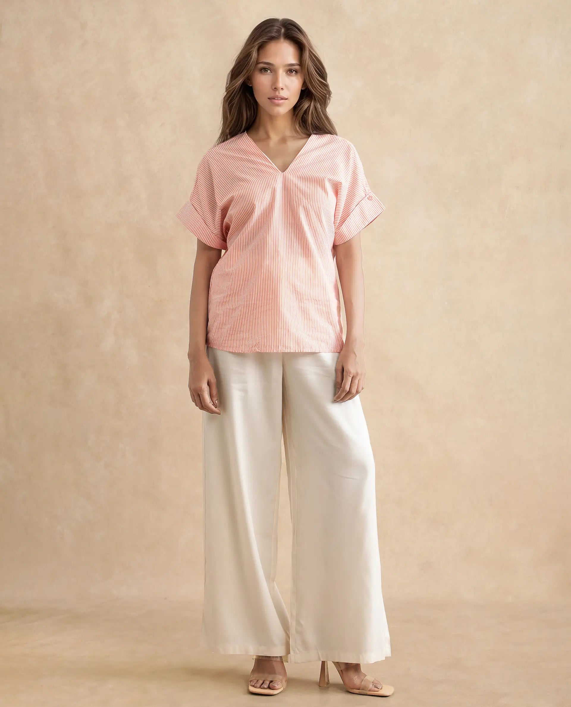 Rareism Women's Abdoo Orange V-Neck Striped Extended Sleeves Relaxed Fit Top