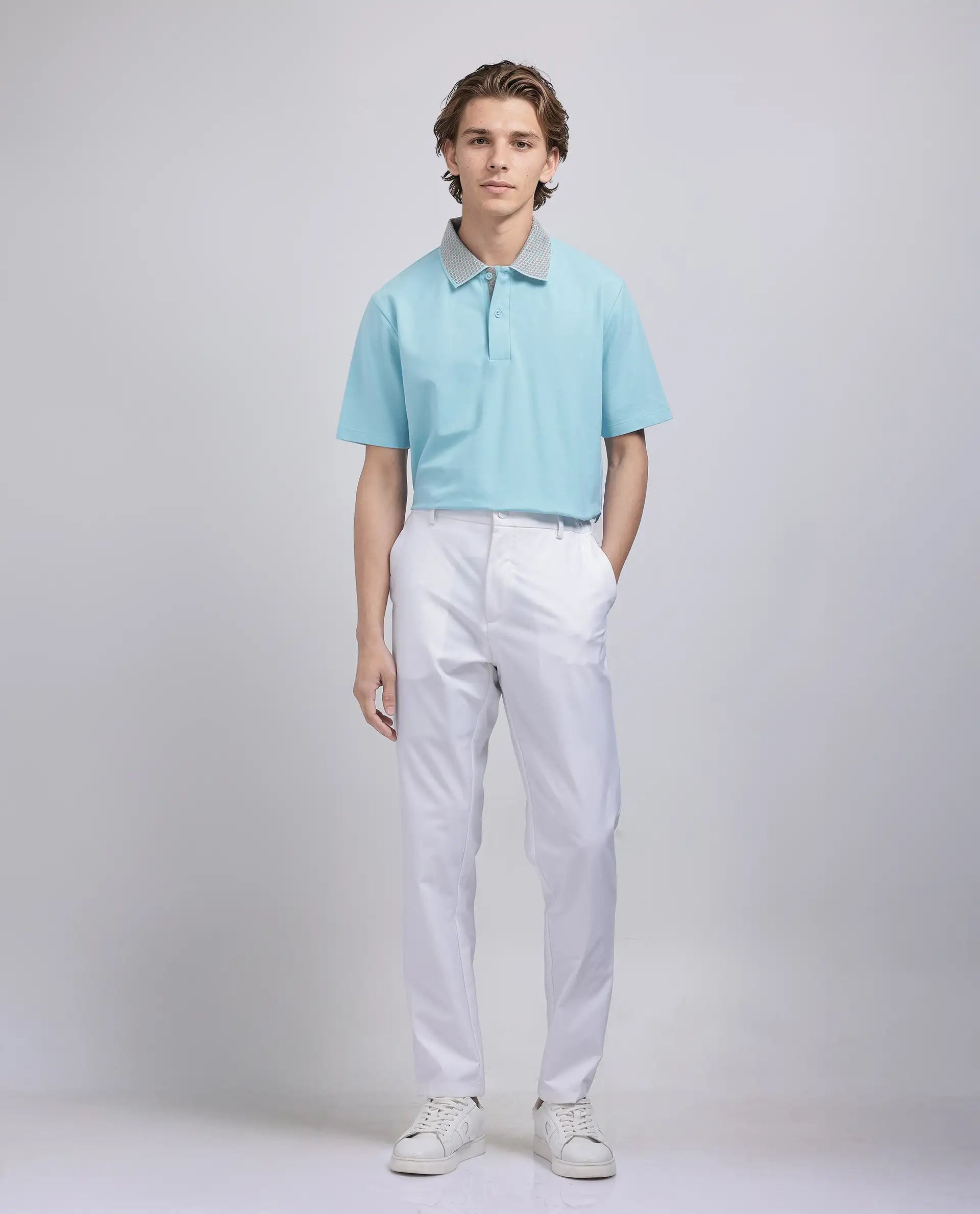 Rare Rabbit Men Abit Light Blue Cotton Blend Fabric Short Sleeve Collared Neck Button Closure Plain Polo