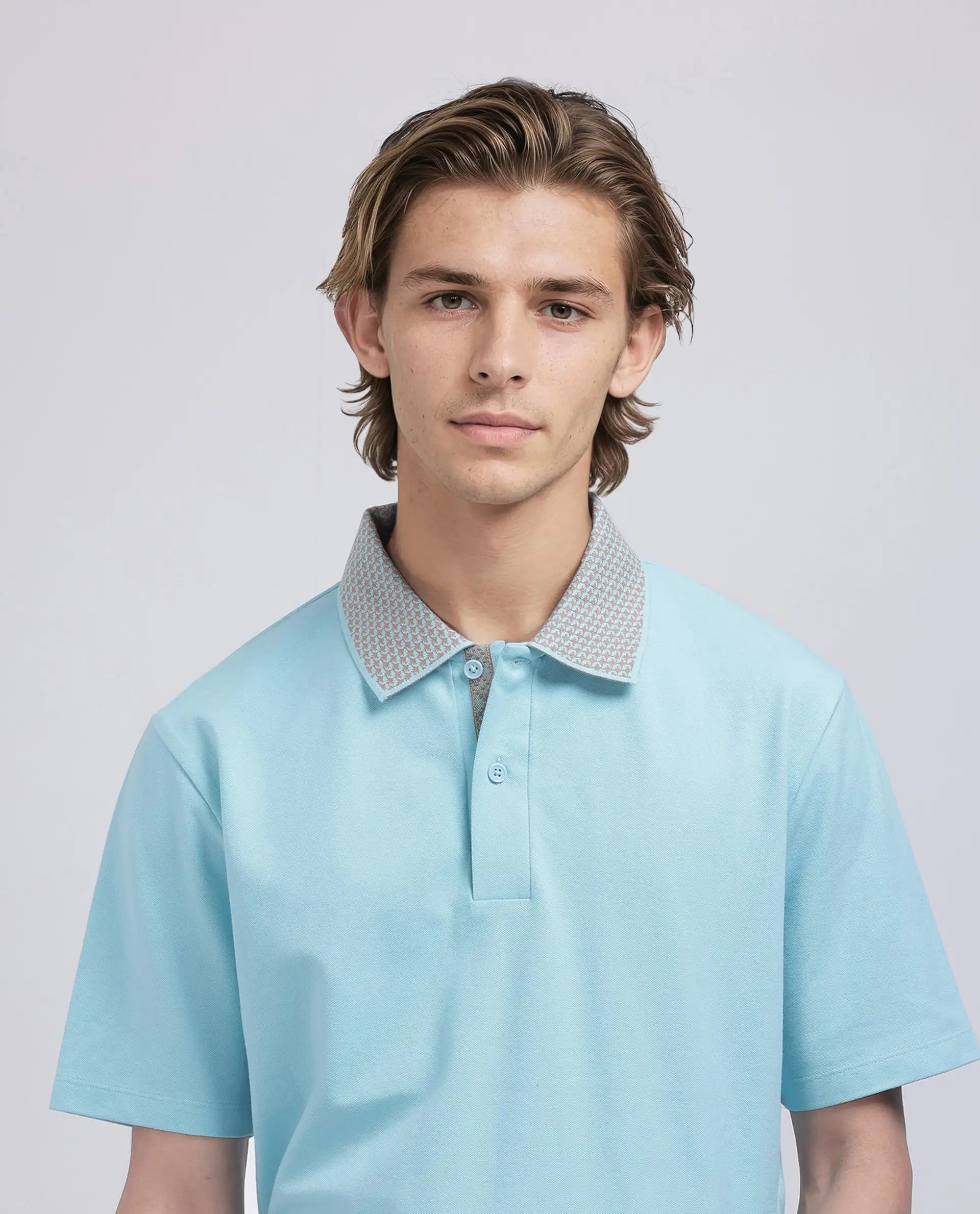 Rare Rabbit Men Abit Light Blue Cotton Blend Fabric Short Sleeve Collared Neck Button Closure Plain Polo