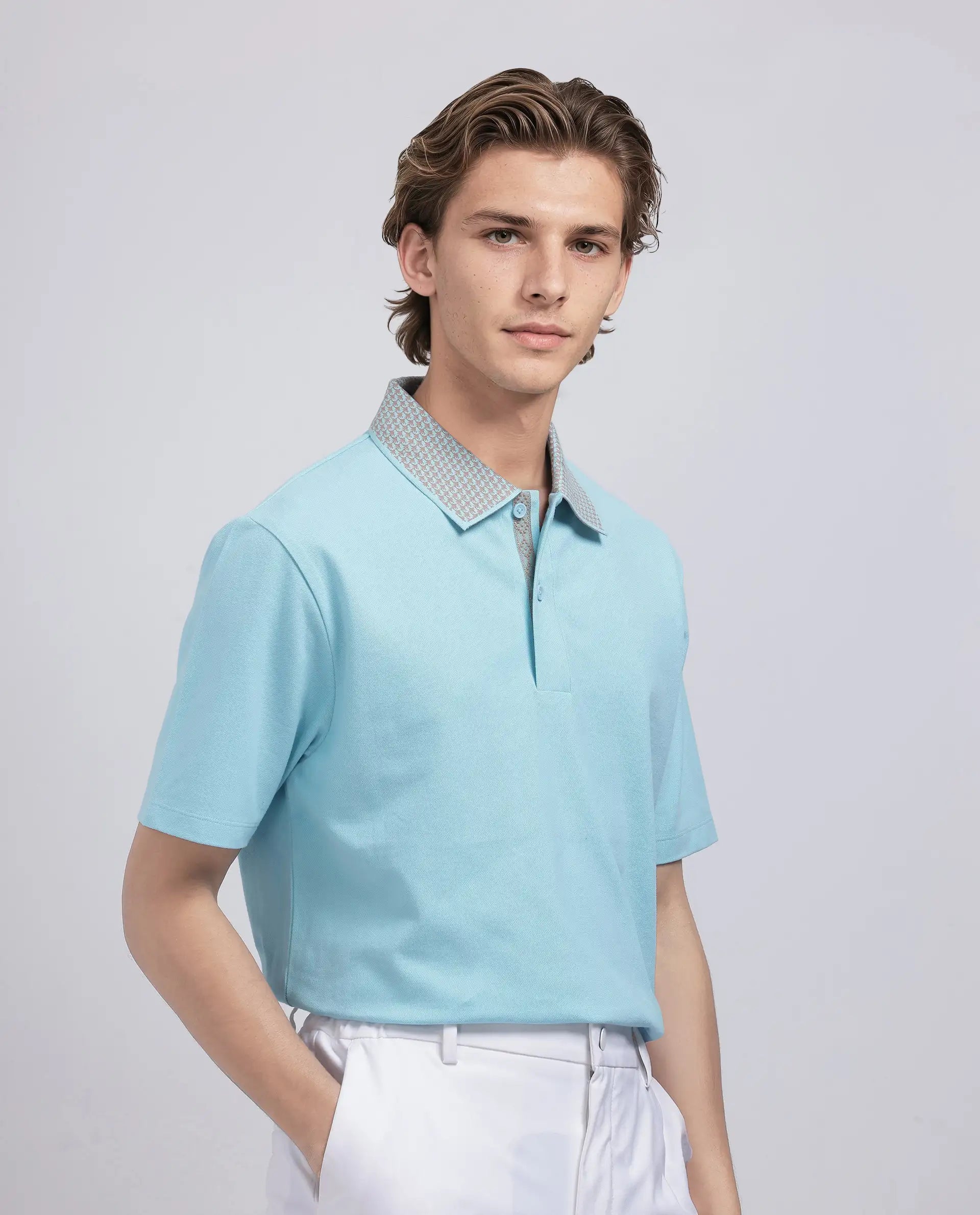 Rare Rabbit Men Abit Light Blue Cotton Blend Fabric Short Sleeve Collared Neck Button Closure Plain Polo