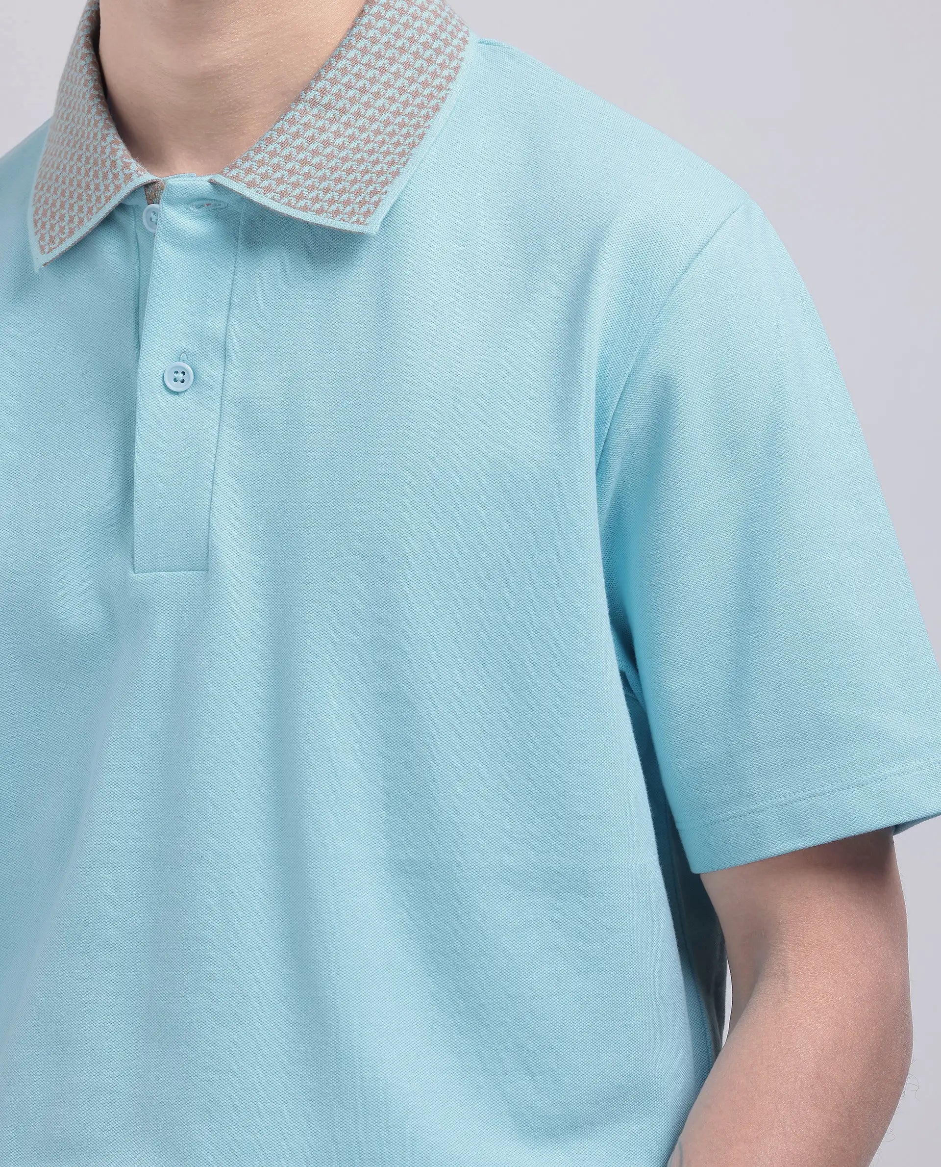 Rare Rabbit Men Abit Light Blue Cotton Blend Fabric Short Sleeve Collared Neck Button Closure Plain Polo