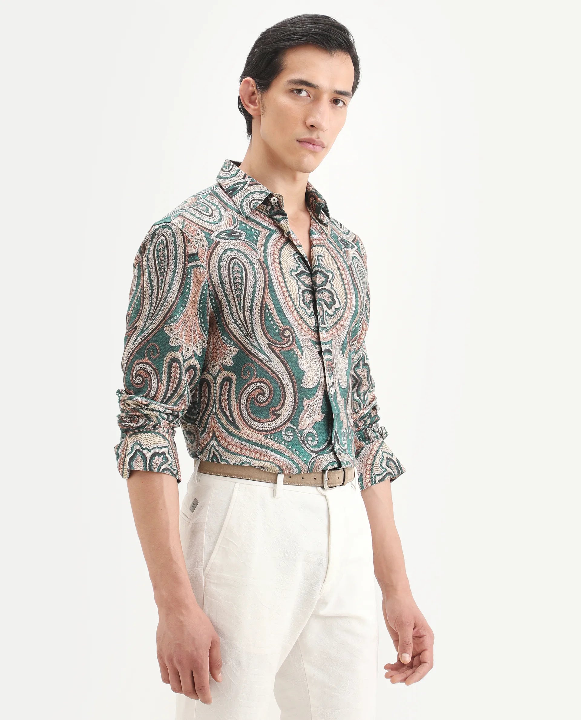 Rare Rabbit Men's Abro Dusky Green Linen Blend Fabric Full Sleeve Spread Collar Regular Fit Paisley Print Shirt