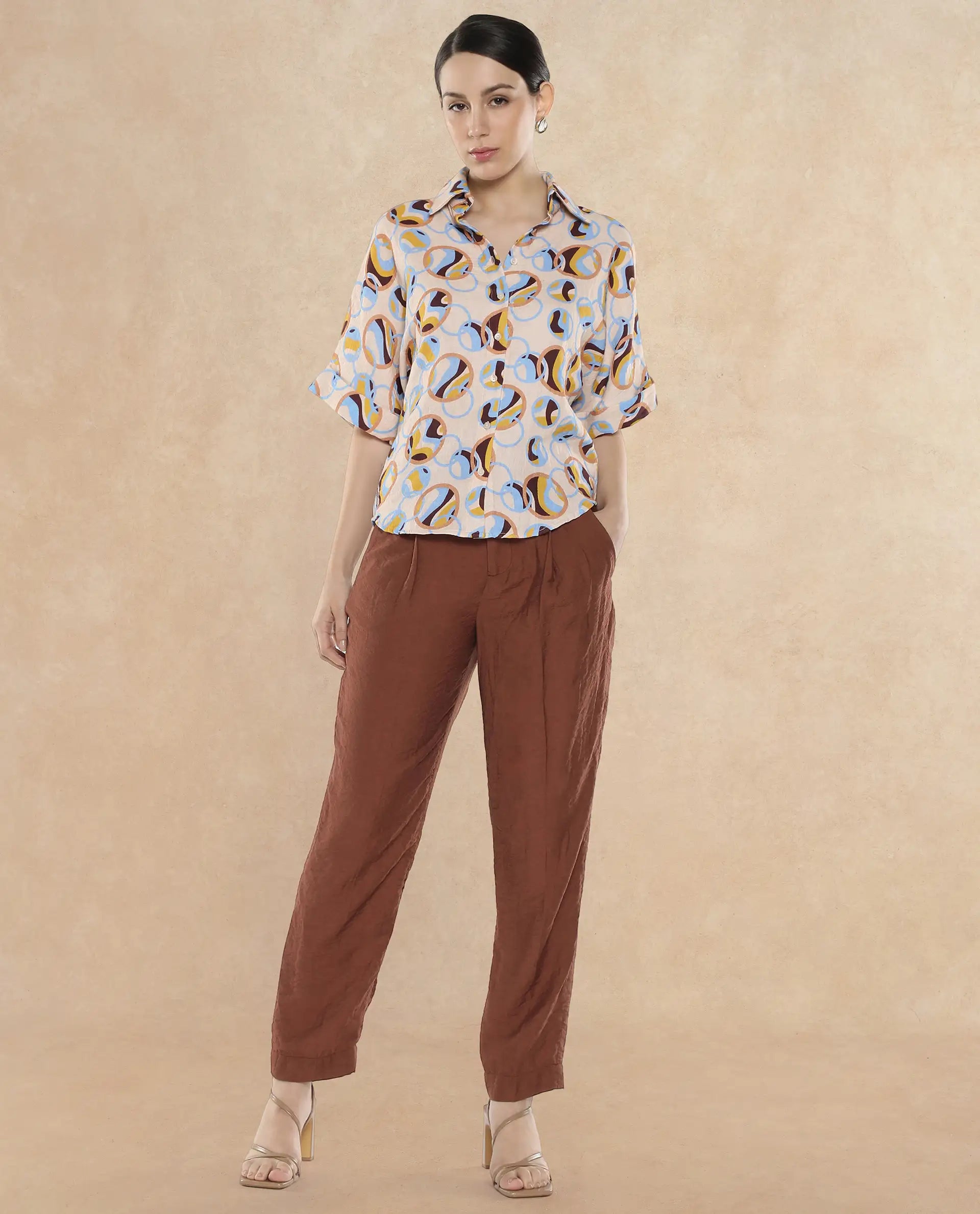 Rareism Women Abuto-T Light Multi Short Sleeve Collared Neck Button Closure Abstract Print Shirt