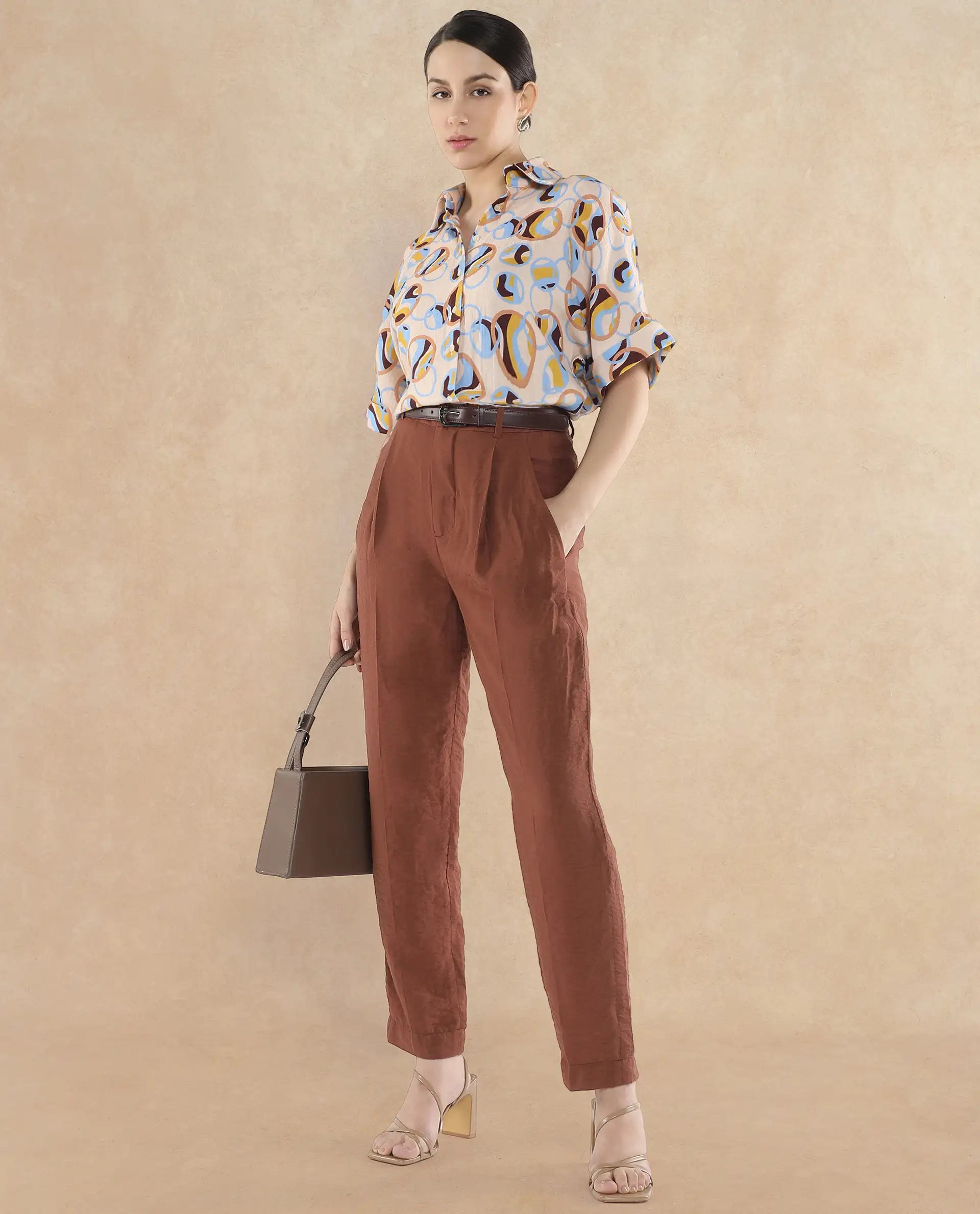 Rareism Women Abuto-T Light Multi Short Sleeve Collared Neck Button Closure Abstract Print Shirt