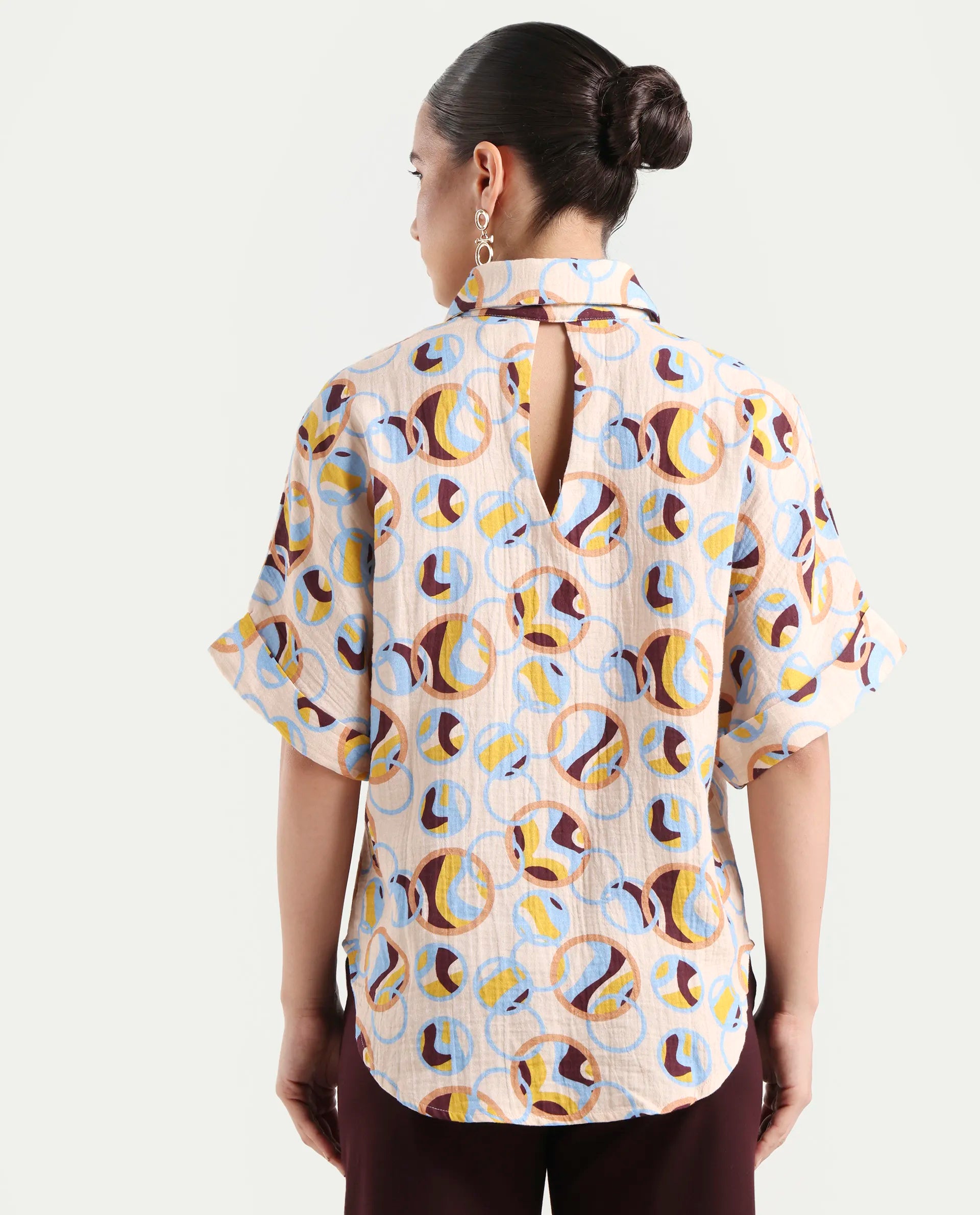 Rareism Women's Abuto-T Light Multi Cotton Drop Collar Abstract Print Extended Sleeves Regular Fit Shirt