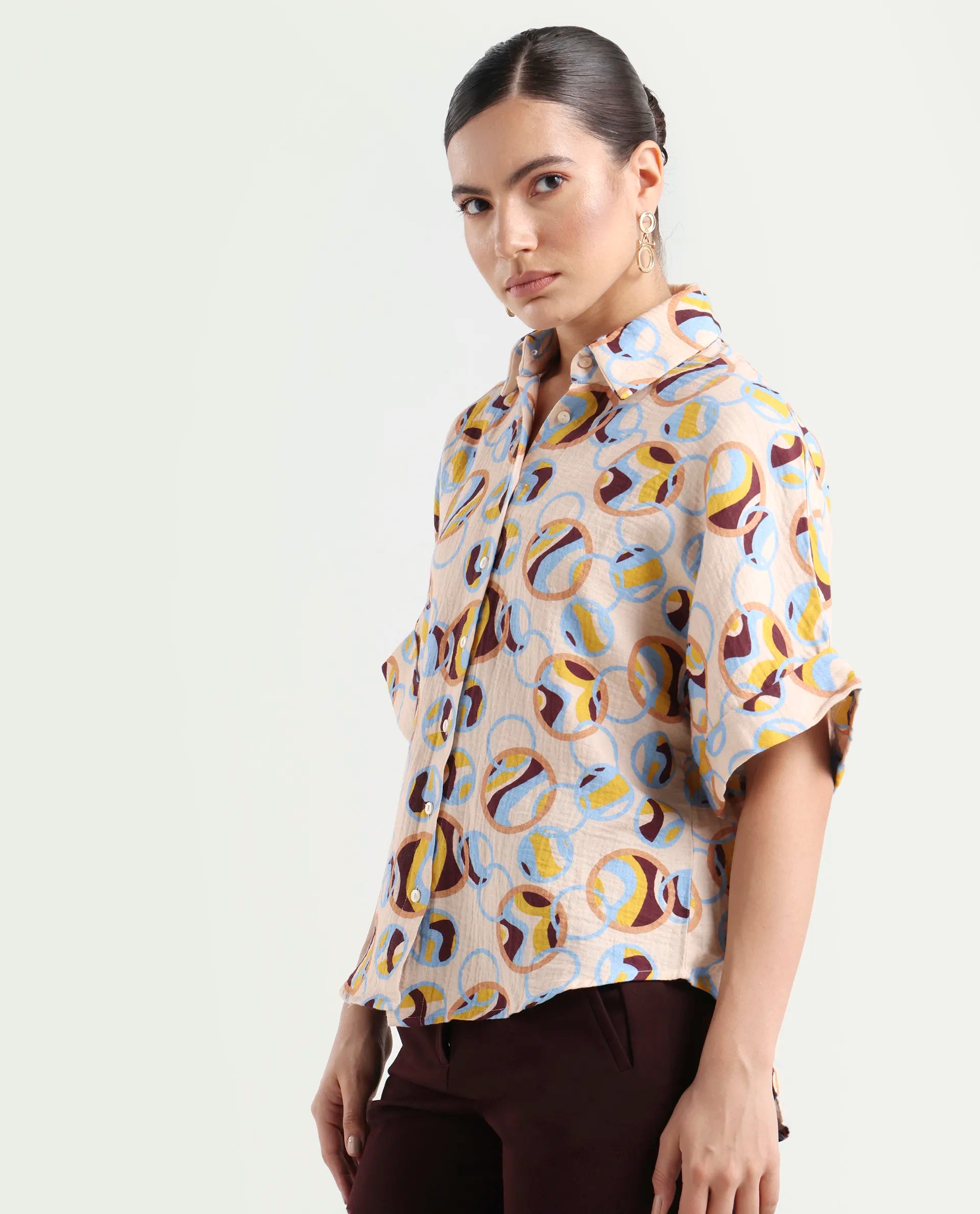 Rareism Women's Abuto-T Light Multi Cotton Drop Collar Abstract Print Extended Sleeves Regular Fit Shirt