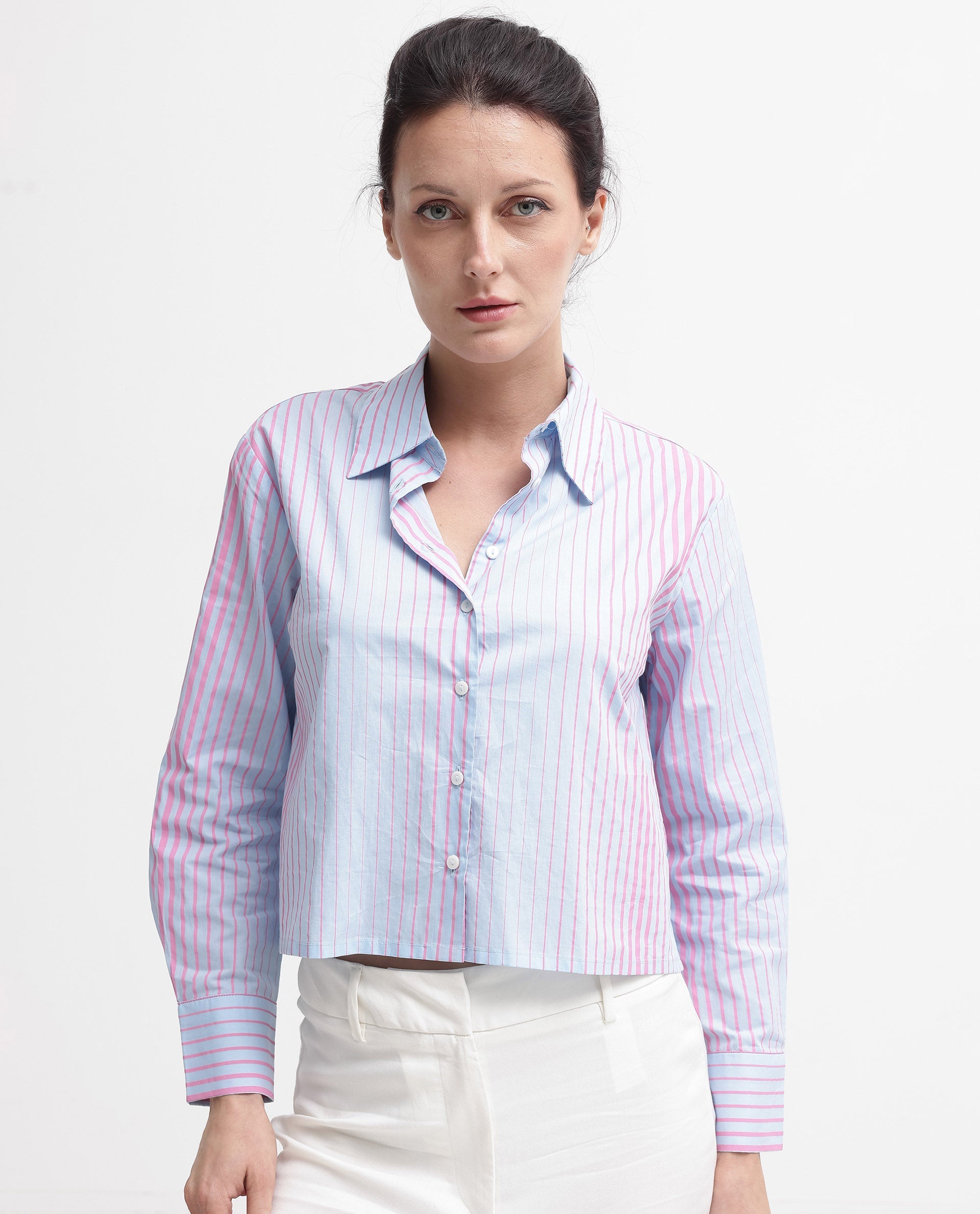 Rareism Women Abylay Light Purple Cotton Fabric Full Sleeve Collared Neck Button Closure Stripe Cropped Fit Shirt