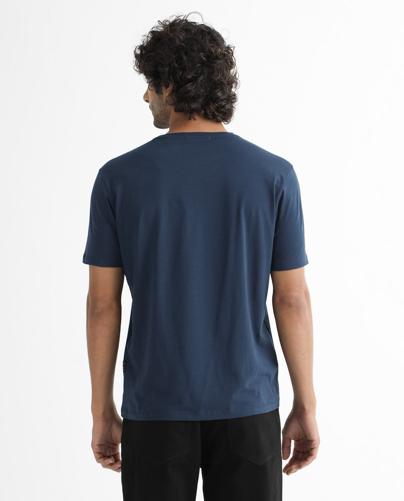 Rare Rabbit Men's Acai Navy Crew Neck Graphic Printed Branding Half Sleeves Slim Fit T-Shirt
