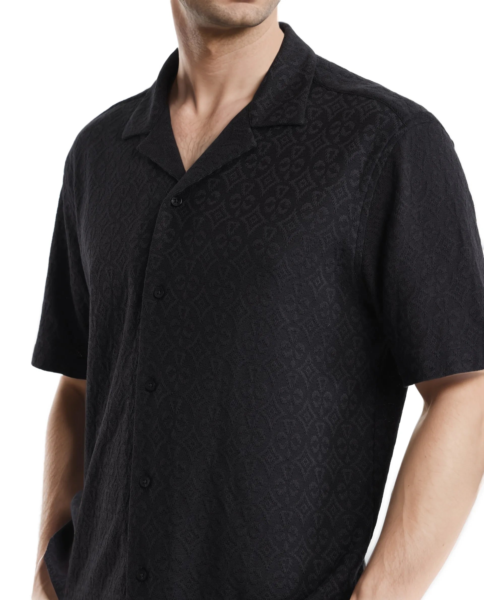 Rare Rabbit Men Accra Black Cotton Poly Blend Fabric Cuban Collar Short Sleeve Boxy Fit Shirt