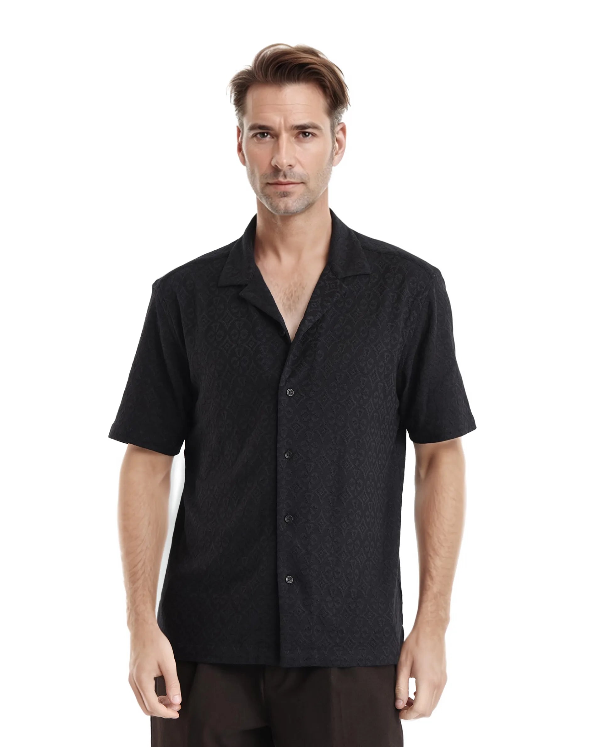 Rare Rabbit Men Accra Black Cotton Poly Blend Fabric Cuban Collar Short Sleeve Boxy Fit Shirt