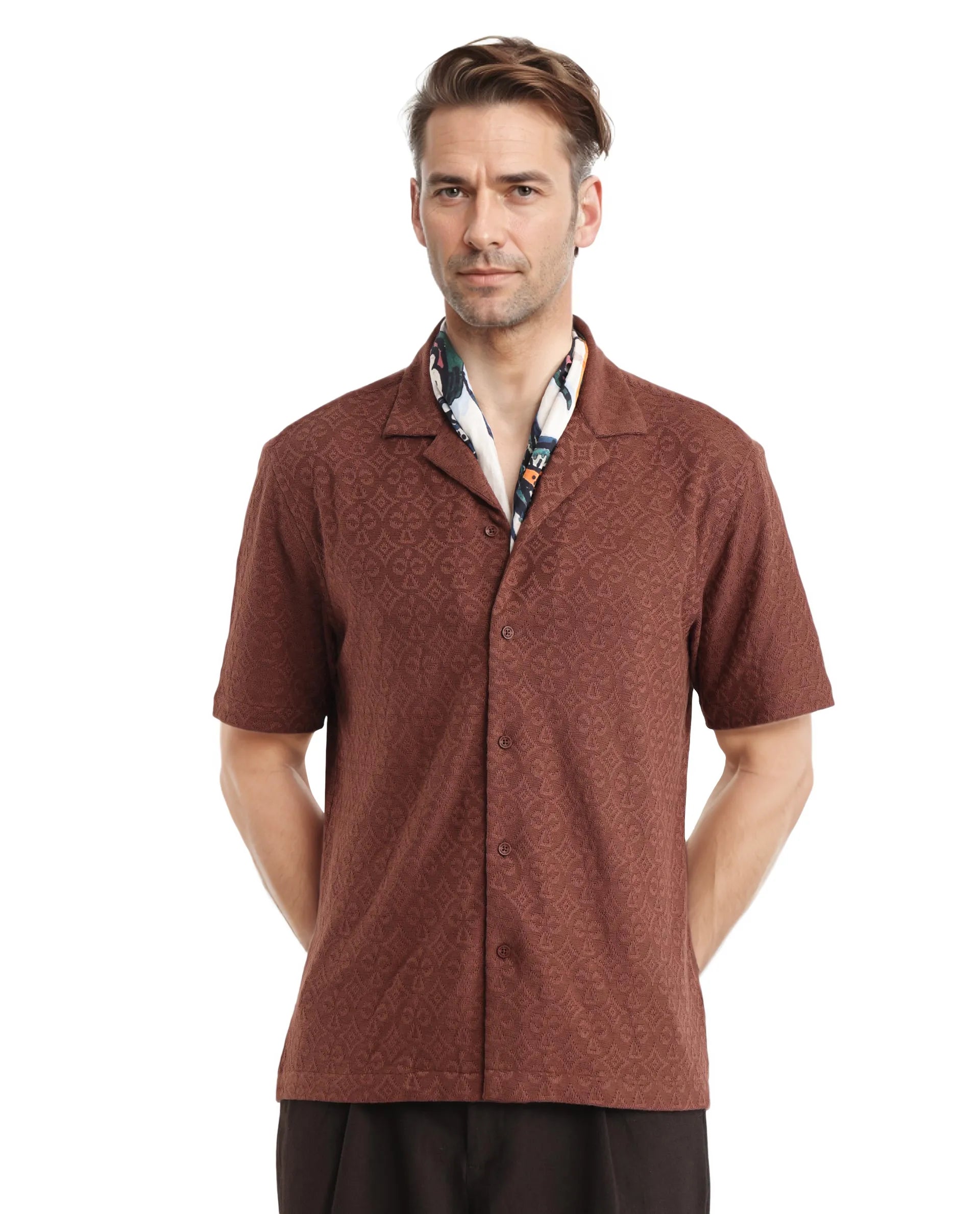Rare Rabbit Men Accra Dark Brown Cotton Poly Blend Fabric Cuban Collar Short Sleeve Boxy Fit Shirt