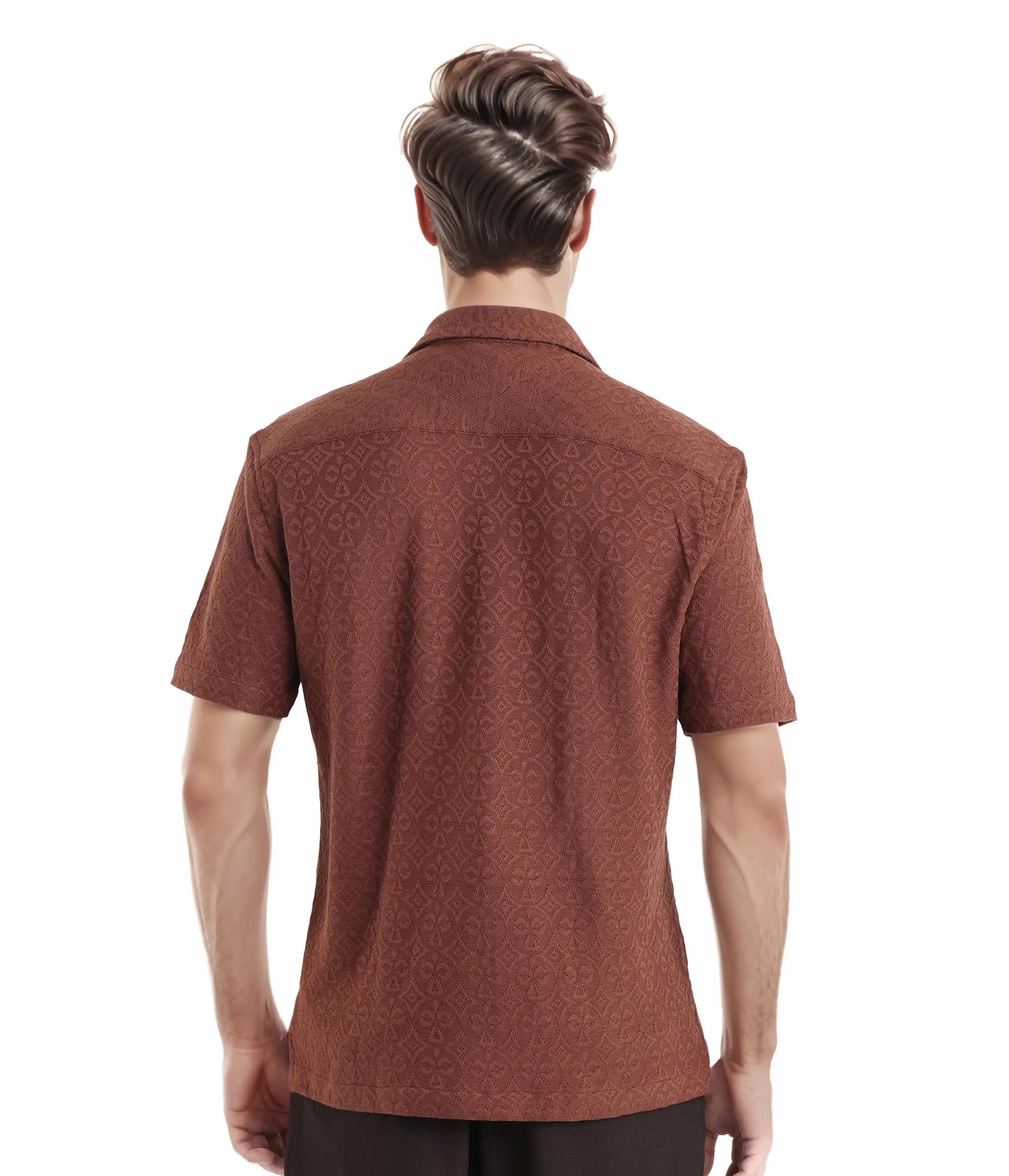 Rare Rabbit Men Accra Dark Brown Cotton Poly Blend Fabric Cuban Collar Short Sleeve Boxy Fit Shirt