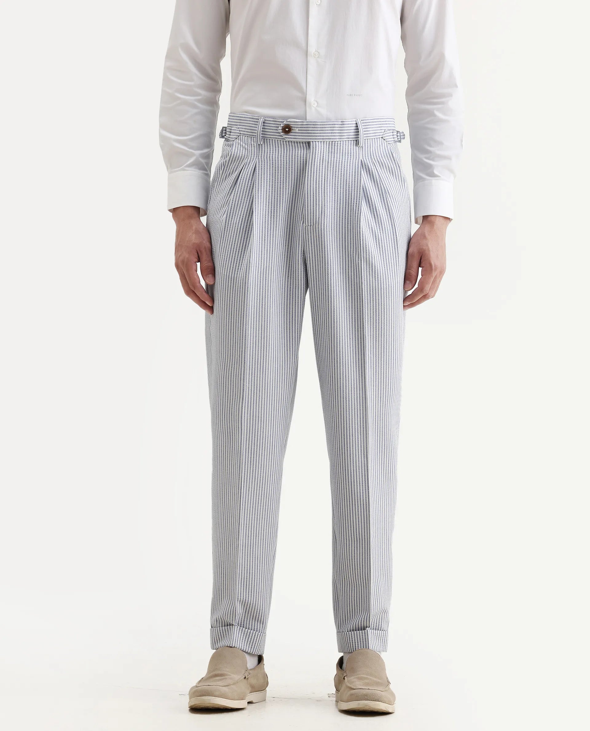 Rare Rabbit Men's Ace Light Blue Polyester Blend Striped Print Relaxed Fit Trouser