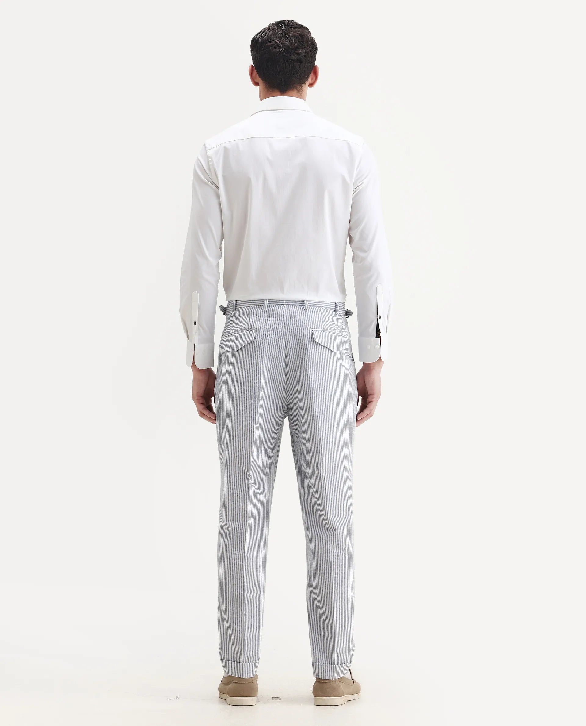 Rare Rabbit Men's Ace Light Blue Polyester Blend Striped Print Relaxed Fit Trouser