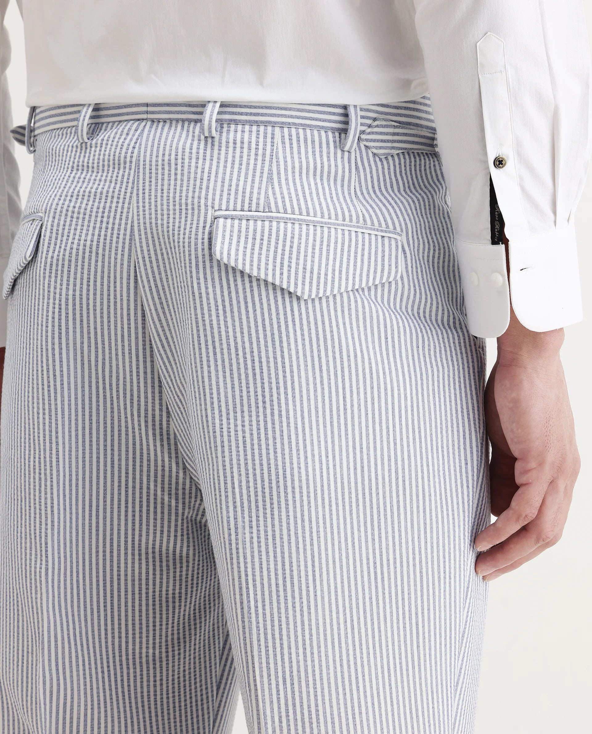 Rare Rabbit Men's Ace Light Blue Polyester Blend Striped Print Relaxed Fit Trouser