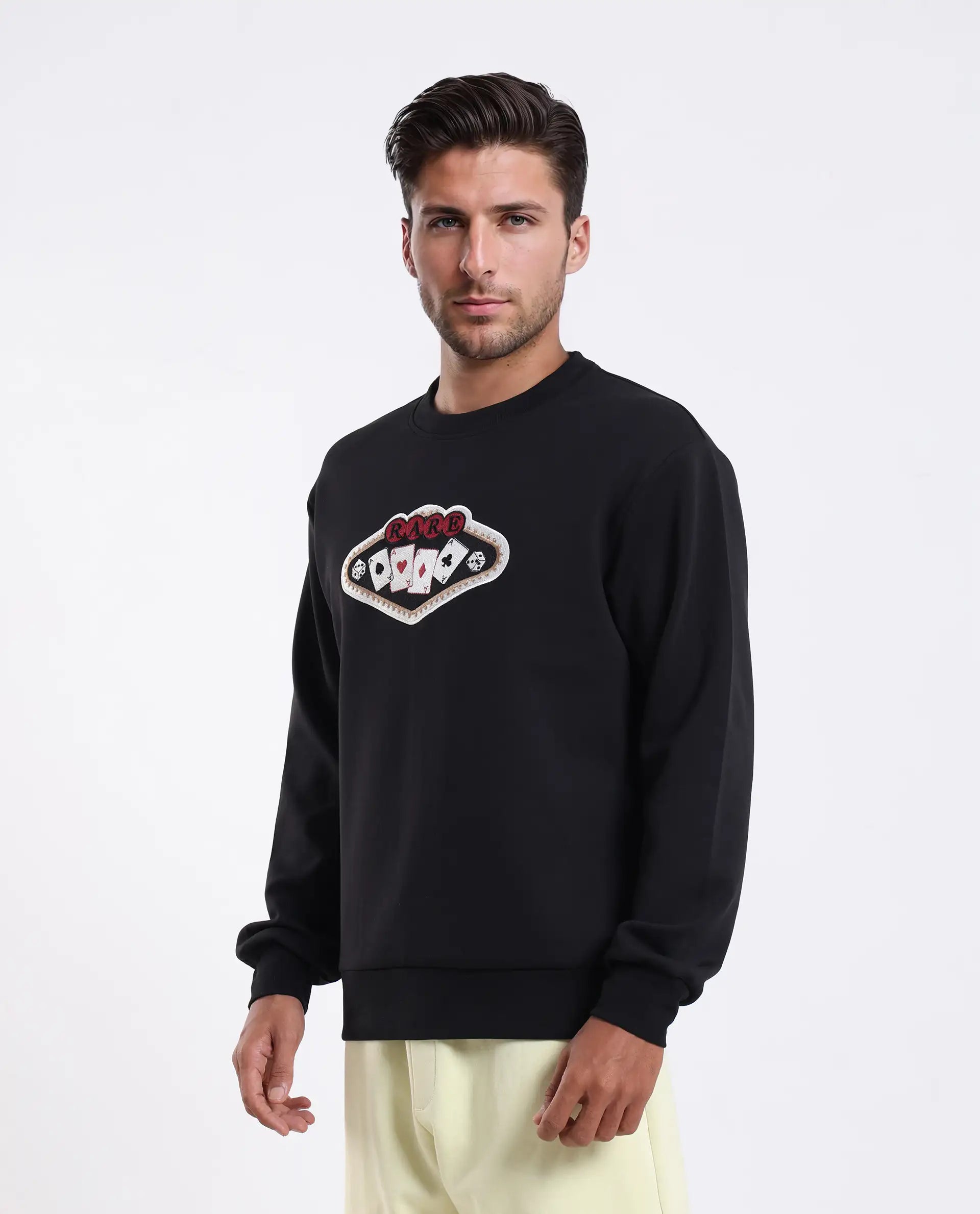 Rare Rabbit Men's Acer Black Cotton Blend Embroidered Relaxed Fit Full Sleeve Crew Neck Sweatshirt