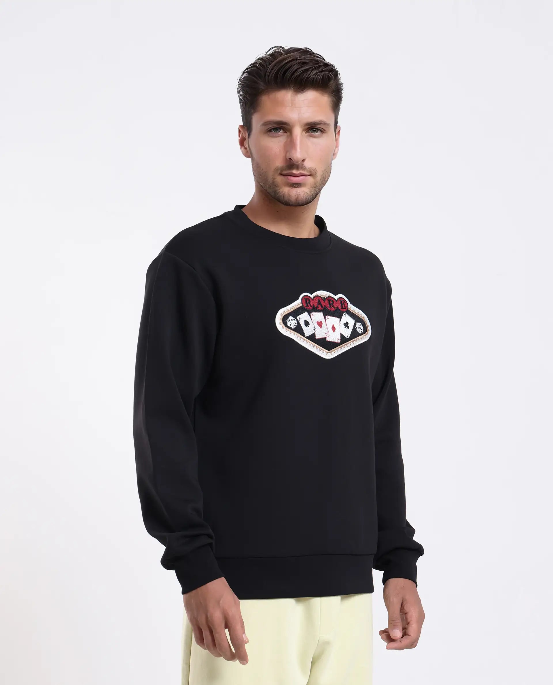 Rare Rabbit Men's Acer Black Cotton Blend Embroidered Relaxed Fit Full Sleeve Crew Neck Sweatshirt