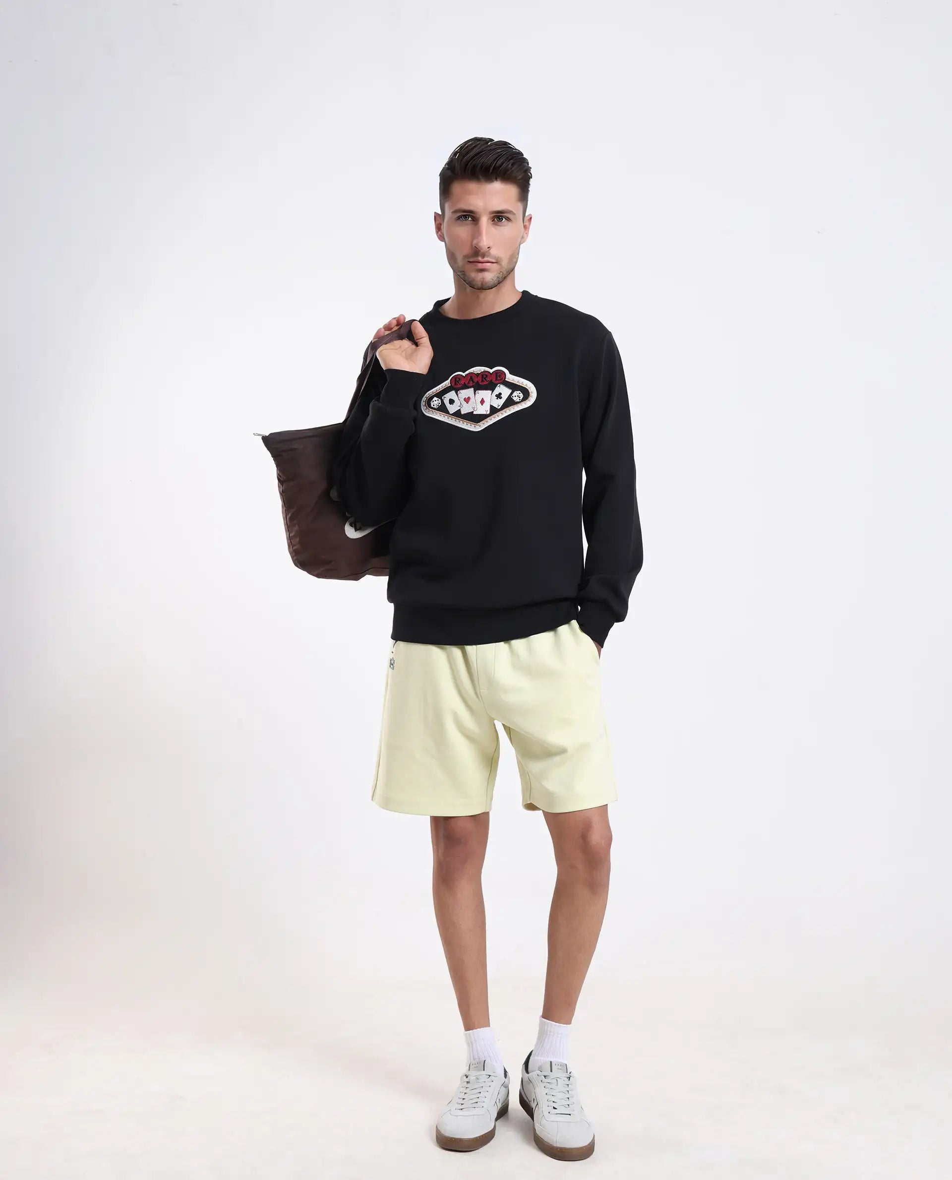 Rare Rabbit Men's Acer Black Cotton Blend Embroidered Relaxed Fit Full Sleeve Crew Neck Sweatshirt