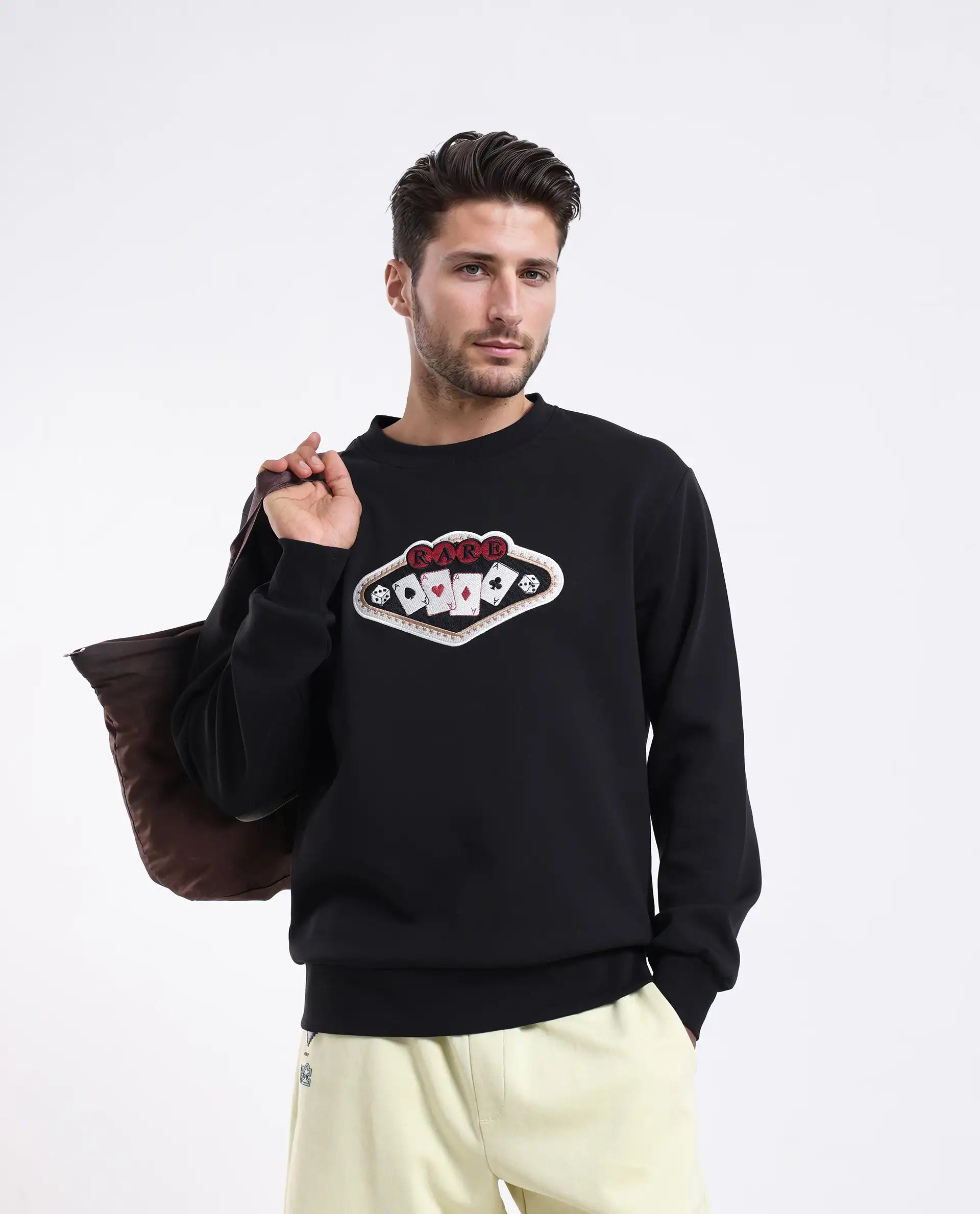 Rare Rabbit Men's Acer Black Cotton Blend Embroidered Relaxed Fit Full Sleeve Crew Neck Sweatshirt