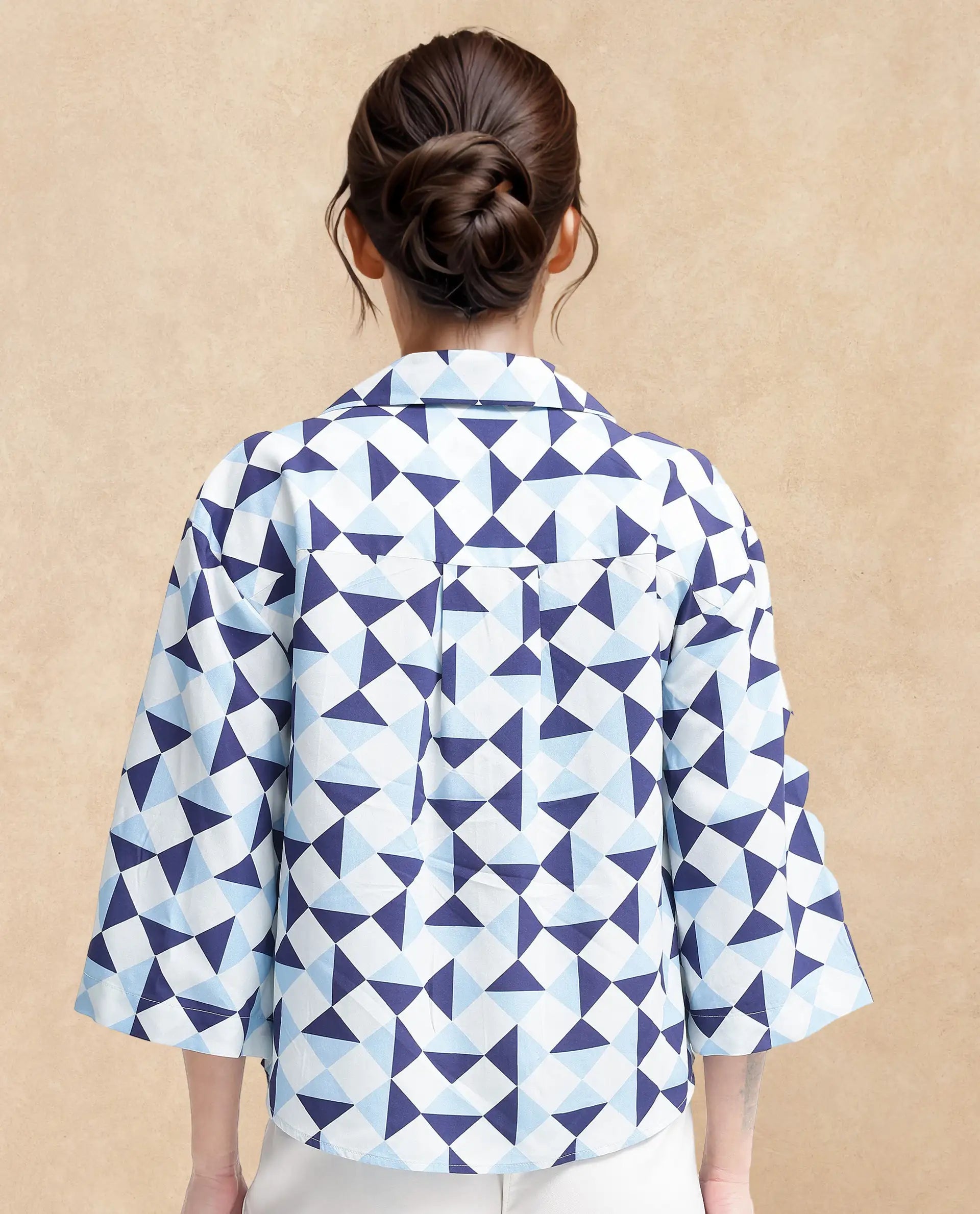 Rareism Women Acerra-SC Blue 3/4Th Sleeve Collared Neck Button Closure Geometric Print Shirt